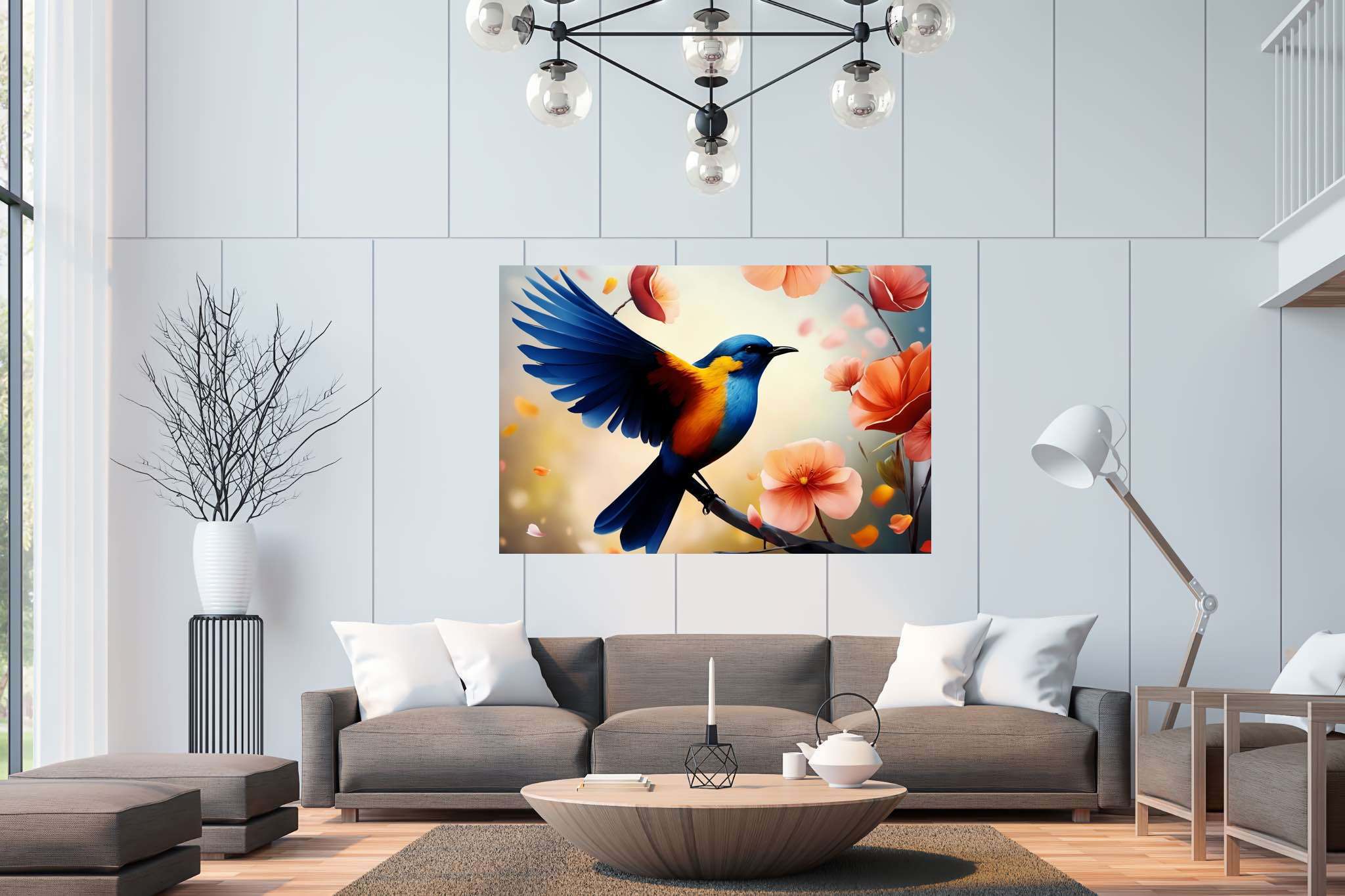 Chroma perch sonata: Bird art with bird photography, in a room with minimalist approach, wall art, and home styling items. The art can be printed on poster, framed poster, canvas, metal, acrylic or wood, exclusively at WallArtZen. Find this exact print at https://wallartzen.com/waz5
