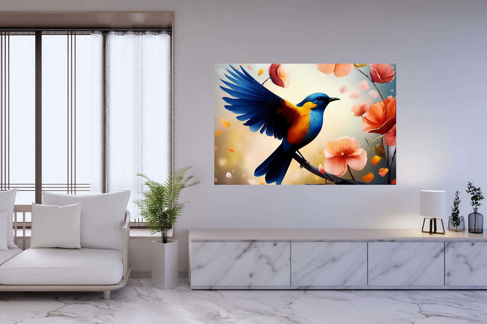 Chroma perch sonata: Bird art with feathered art, in a room with great design, canvas prints, and trendy home accents. The art can be printed on poster, framed poster, canvas, metal, acrylic or wood, exclusively at WallArtZen. Find this exact print at https://wallartzen.com/waz5