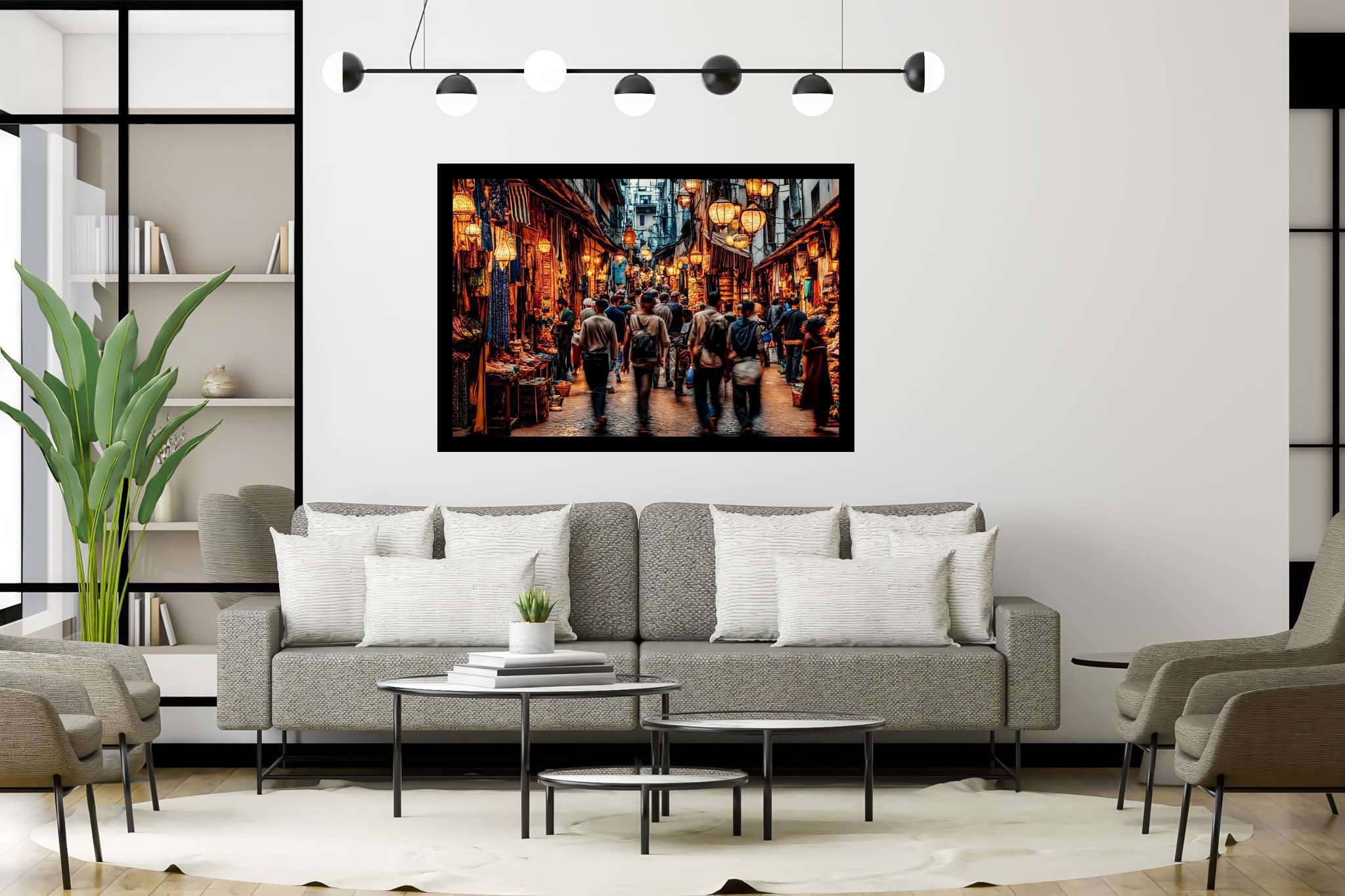 Urban tapestry of hues: Vibrant street art with vibrant urban art, in a room with innovative layout, wall art, and designer furniture. The art can be printed on poster, framed poster, canvas, metal, acrylic or wood, exclusively at WallArtZen. Find this exact print at https://wallartzen.com/waz60