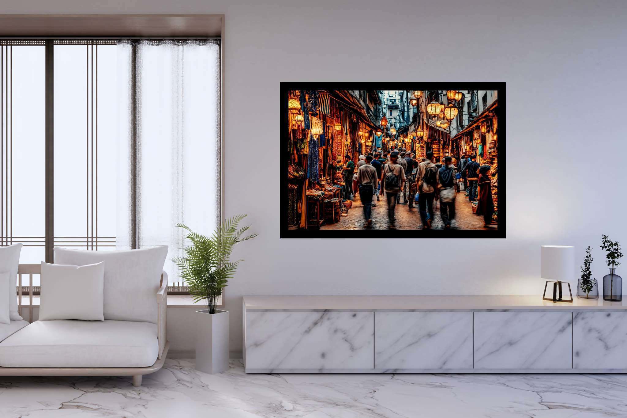 Urban tapestry of hues: Vibrant street art with vibrant urban art, in a room with great design, abstract paintings, and designer furniture. The art can be printed on poster, framed poster, canvas, metal, acrylic or wood, exclusively at WallArtZen. Find this exact print at https://wallartzen.com/waz60