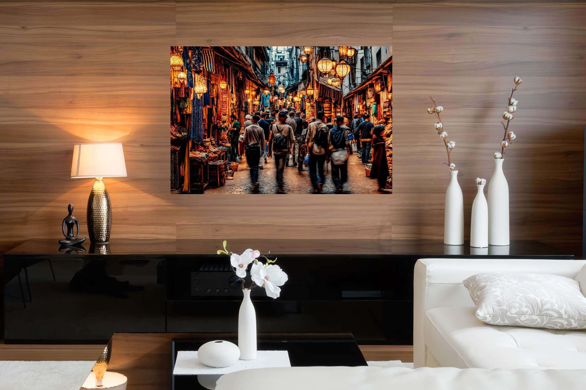 Urban tapestry of hues: Vibrant street art with vibrant urban art, in a room with modern style, digital art pieces, and trendy home accents. The art can be printed on poster, framed poster, canvas, metal, acrylic or wood, exclusively at WallArtZen. Find this exact print at https://wallartzen.com/waz60