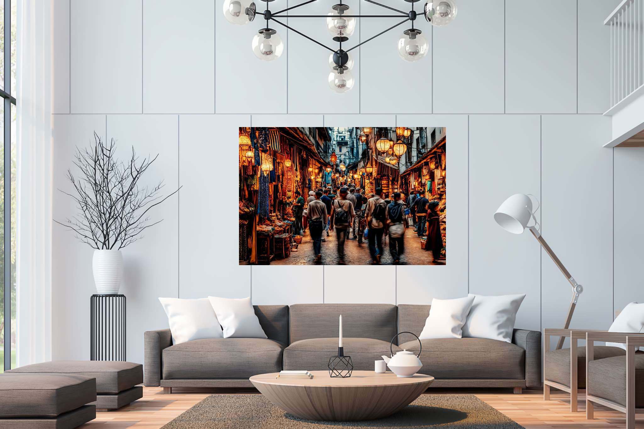 Urban tapestry of hues: Vibrant street art with energetic street art, in a room with great design, wall hangings, and artisan decor. The art can be printed on poster, framed poster, canvas, metal, acrylic or wood, exclusively at WallArtZen. Find this exact print at https://wallartzen.com/waz60
