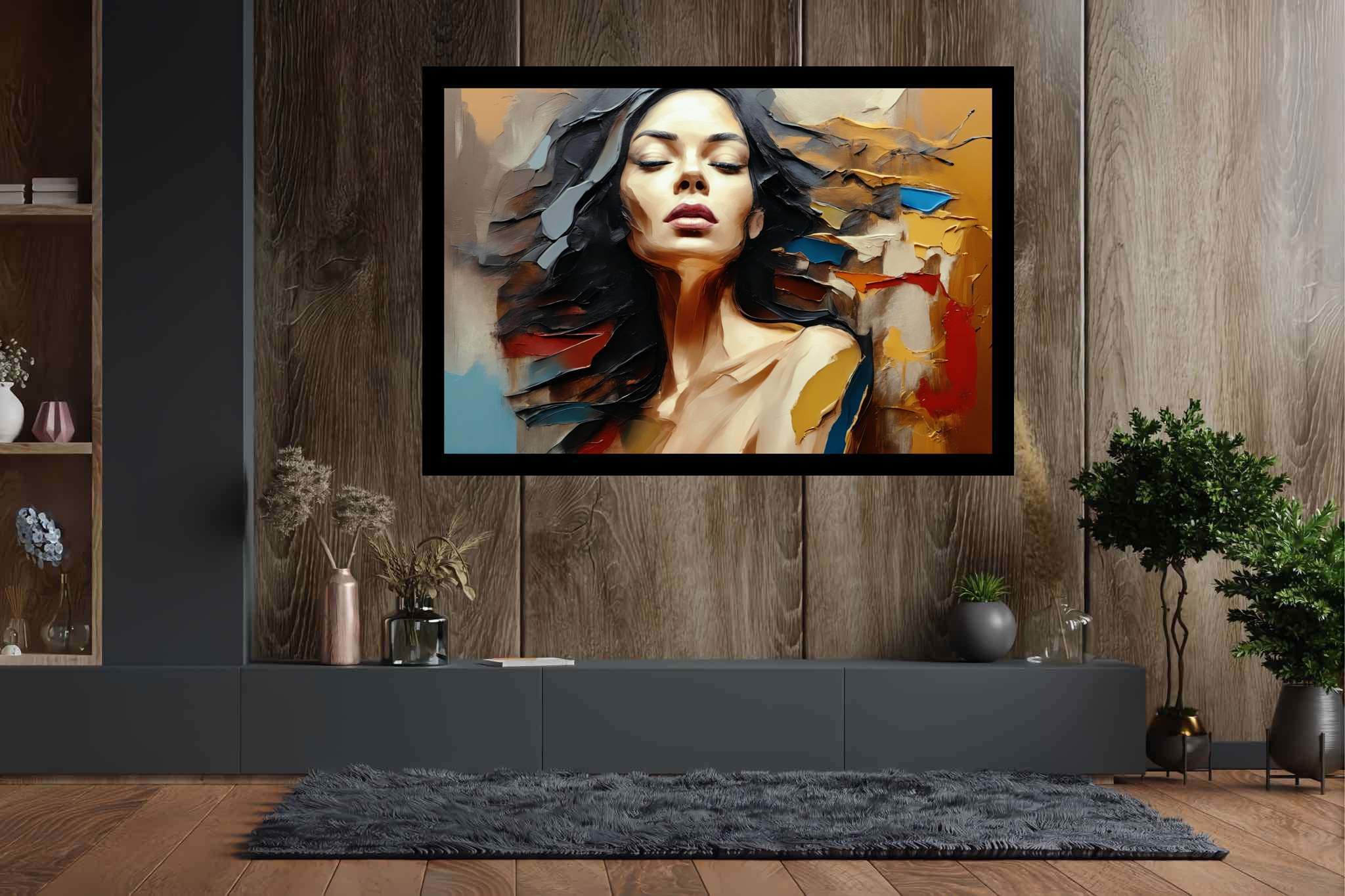 Silent musings of solitude: Contemplation art with introspective painting, in a room with modern style, gallery-quality artwork, and home styling items. The art can be printed on poster, framed poster, canvas, metal, acrylic or wood, exclusively at WallArtZen. Find this exact print at https://wallartzen.com/waz61