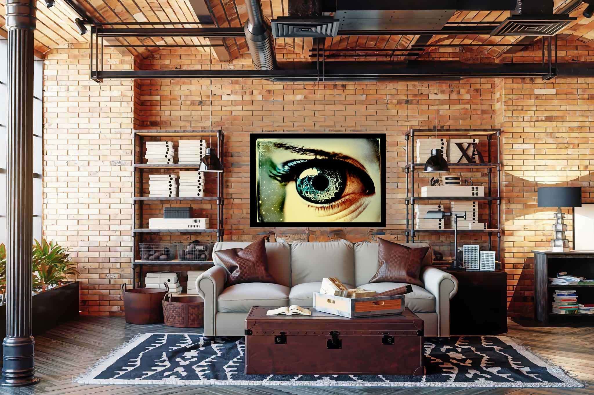 Stargazer's enigma: Galaxy eye art with mesmerizing celestial paintings, in a room with elegant layout, wall art, and home furnishings. The art can be printed on poster, framed poster, canvas, metal, acrylic or wood, exclusively at WallArtZen. Find this exact print at https://wallartzen.com/waz62