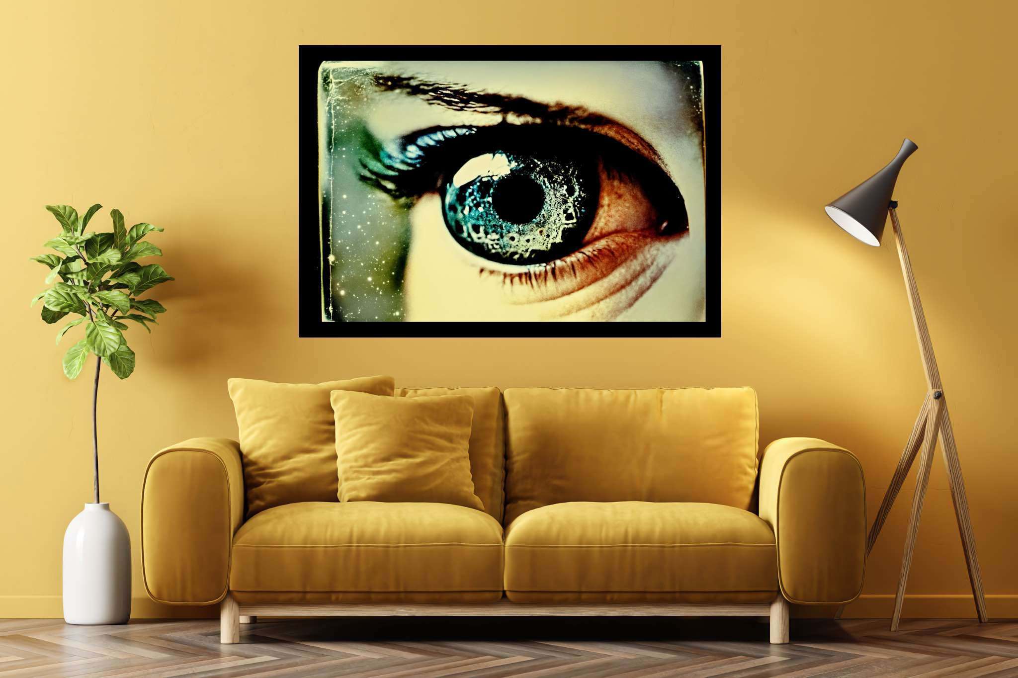 Stargazer's enigma: Galaxy eye art with celestial artwork, in a room with artistic style, framed art, and stylish accessories. The art can be printed on poster, framed poster, canvas, metal, acrylic or wood, exclusively at WallArtZen. Find this exact print at https://wallartzen.com/waz62