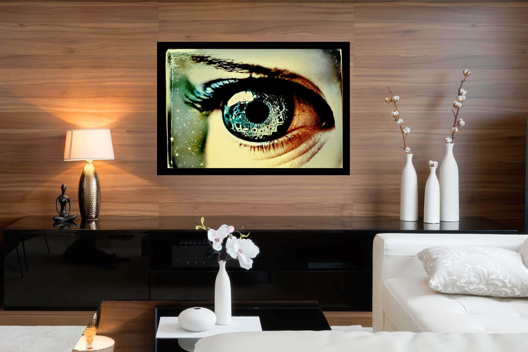 Stargazer's enigma: Galaxy eye art with mesmerizing celestial paintings, in a room with classic elegance, wall hangings, and luxe decor. The art can be printed on poster, framed poster, canvas, metal, acrylic or wood, exclusively at WallArtZen. Find this exact print at https://wallartzen.com/waz62