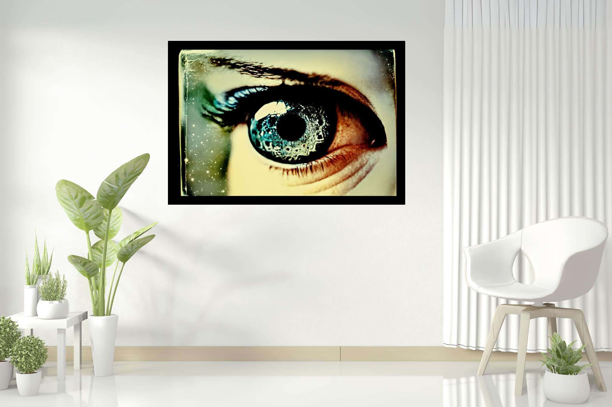 Stargazer's enigma: Galaxy eye art with dreamlike eye creations, in a room with elegant layout, fine art prints, and designer furniture. The art can be printed on poster, framed poster, canvas, metal, acrylic or wood, exclusively at WallArtZen. Find this exact print at https://wallartzen.com/waz62