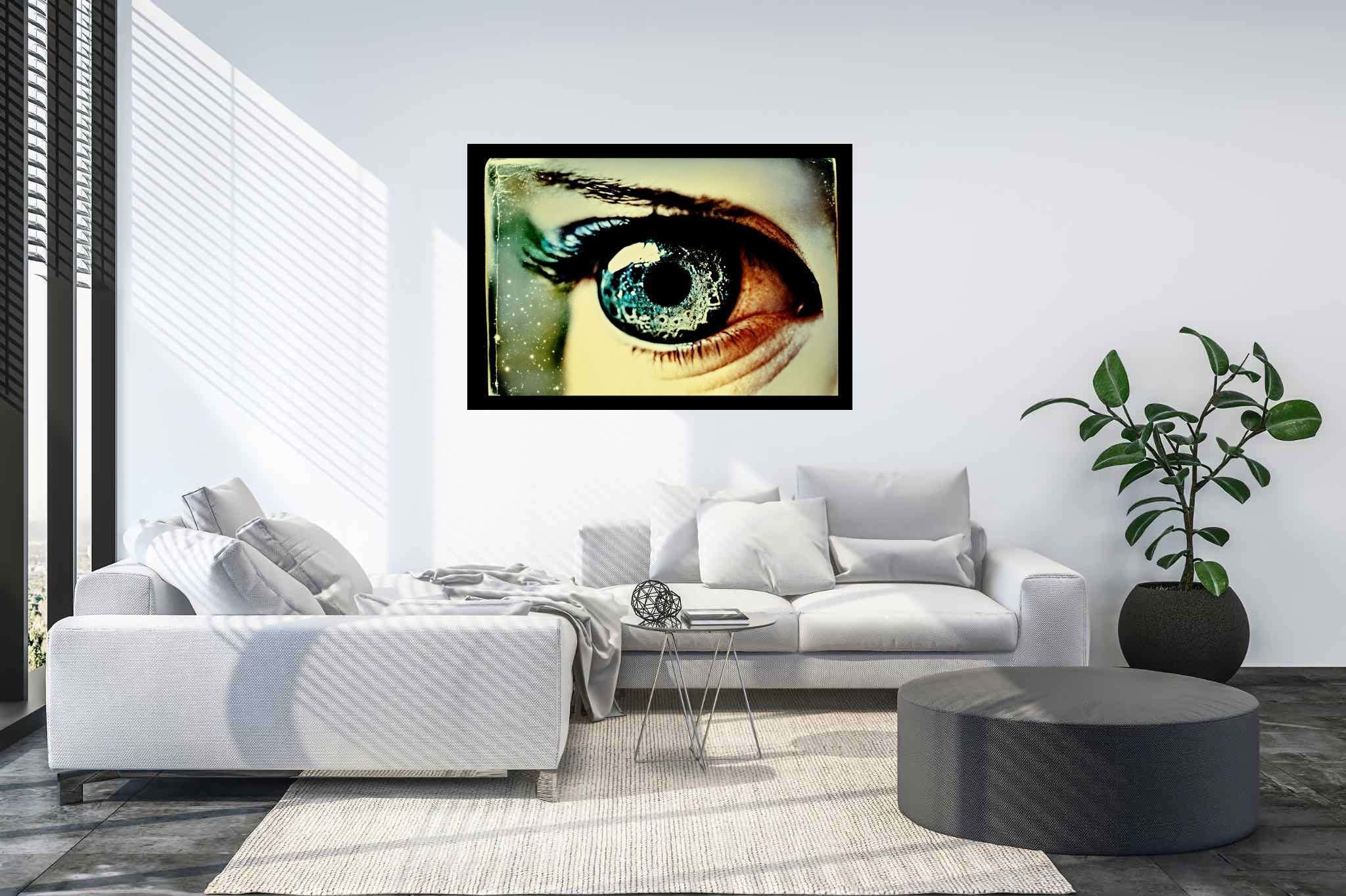 Stargazer's enigma: Galaxy eye art with nebula artistry, in a room with minimalist approach, bespoke art designs, and home styling items. The art can be printed on poster, framed poster, canvas, metal, acrylic or wood, exclusively at WallArtZen. Find this exact print at https://wallartzen.com/waz62