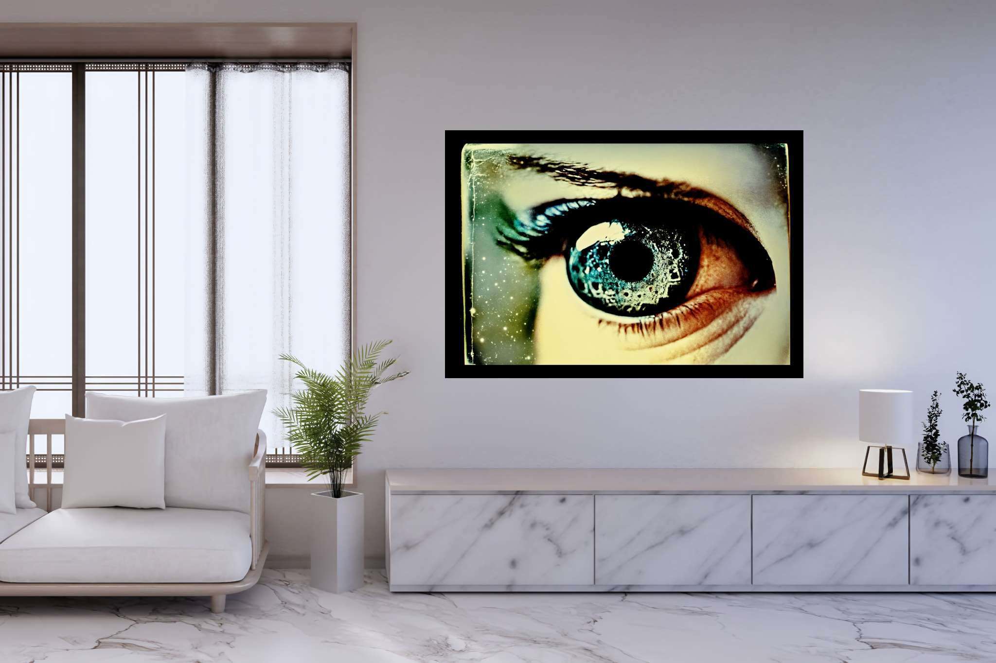 Stargazer's enigma: Galaxy eye art with nebula artistry, in a room with contemporary flair, abstract paintings, and decorative pieces. The art can be printed on poster, framed poster, canvas, metal, acrylic or wood, exclusively at WallArtZen. Find this exact print at https://wallartzen.com/waz62