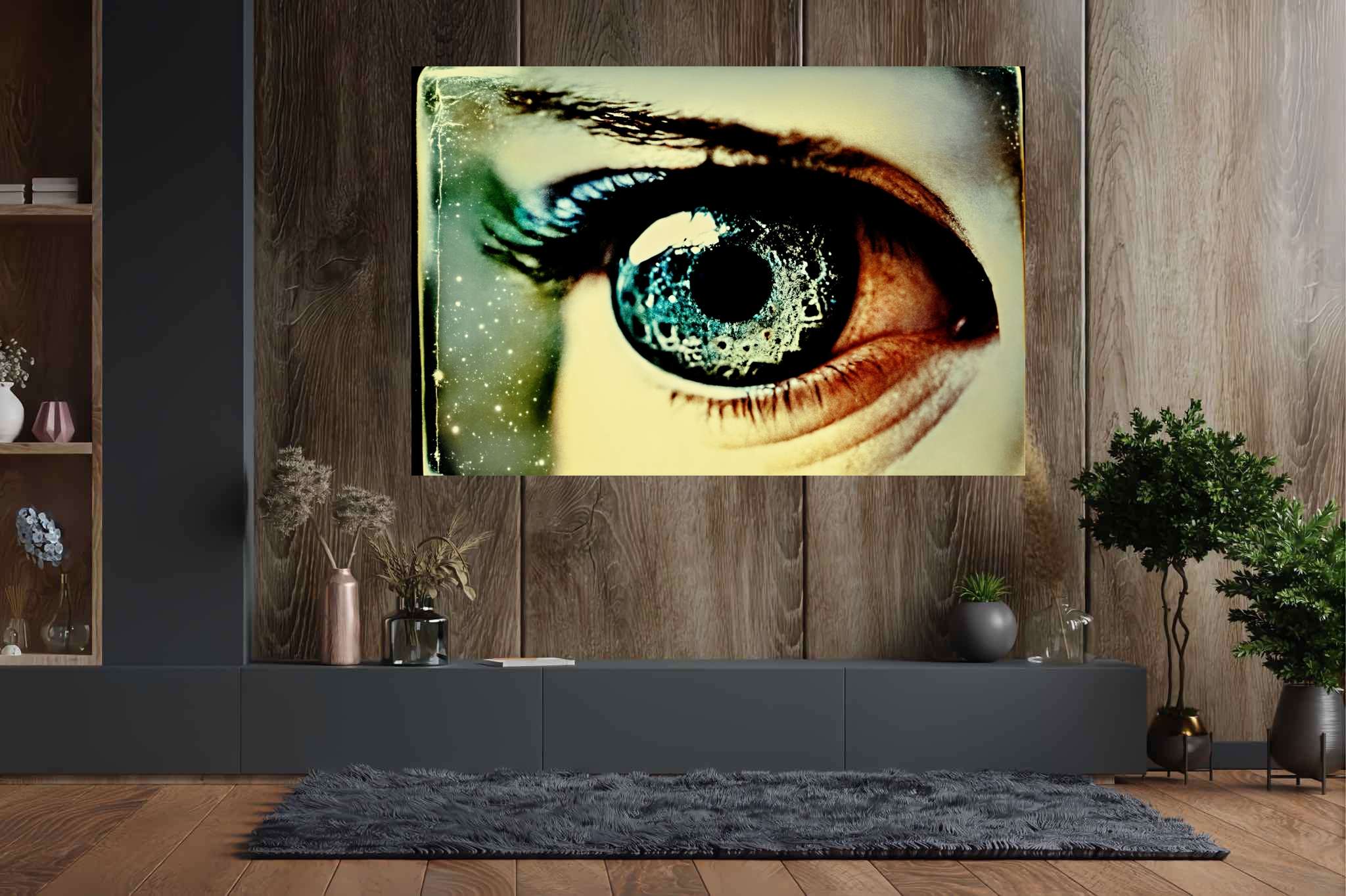 Stargazer's enigma: Galaxy eye art with dreamlike eye creations, in a room with innovative layout, photographic wall art, and trendy home accents. The art can be printed on poster, framed poster, canvas, metal, acrylic or wood, exclusively at WallArtZen. Find this exact print at https://wallartzen.com/waz62