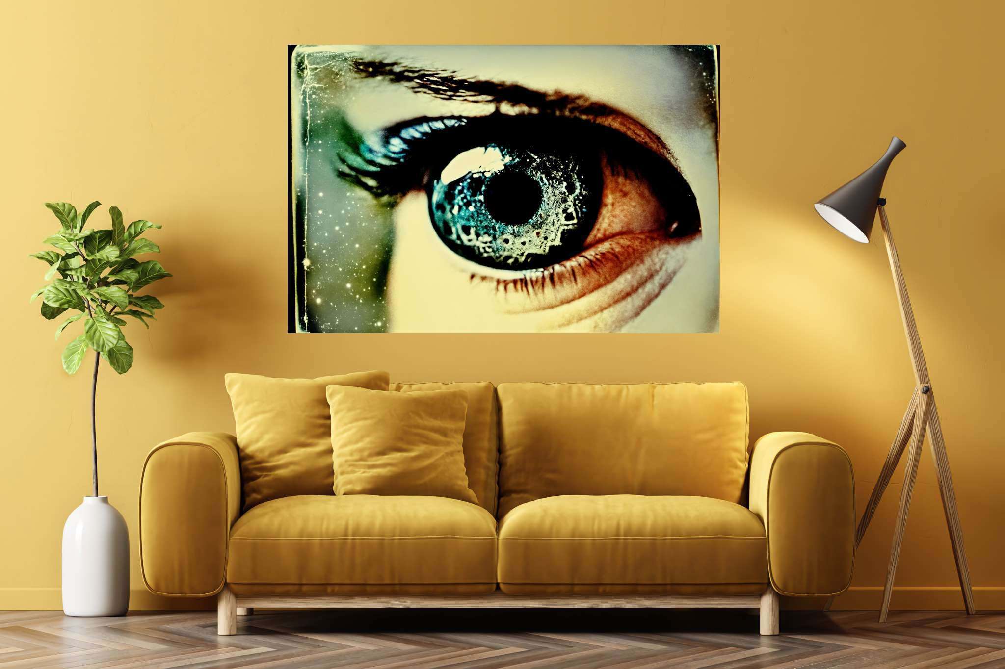 Stargazer's enigma: Galaxy eye art with nebula artistry, in a room with great design, digital art pieces, and home styling items. The art can be printed on poster, framed poster, canvas, metal, acrylic or wood, exclusively at WallArtZen. Find this exact print at https://wallartzen.com/waz62