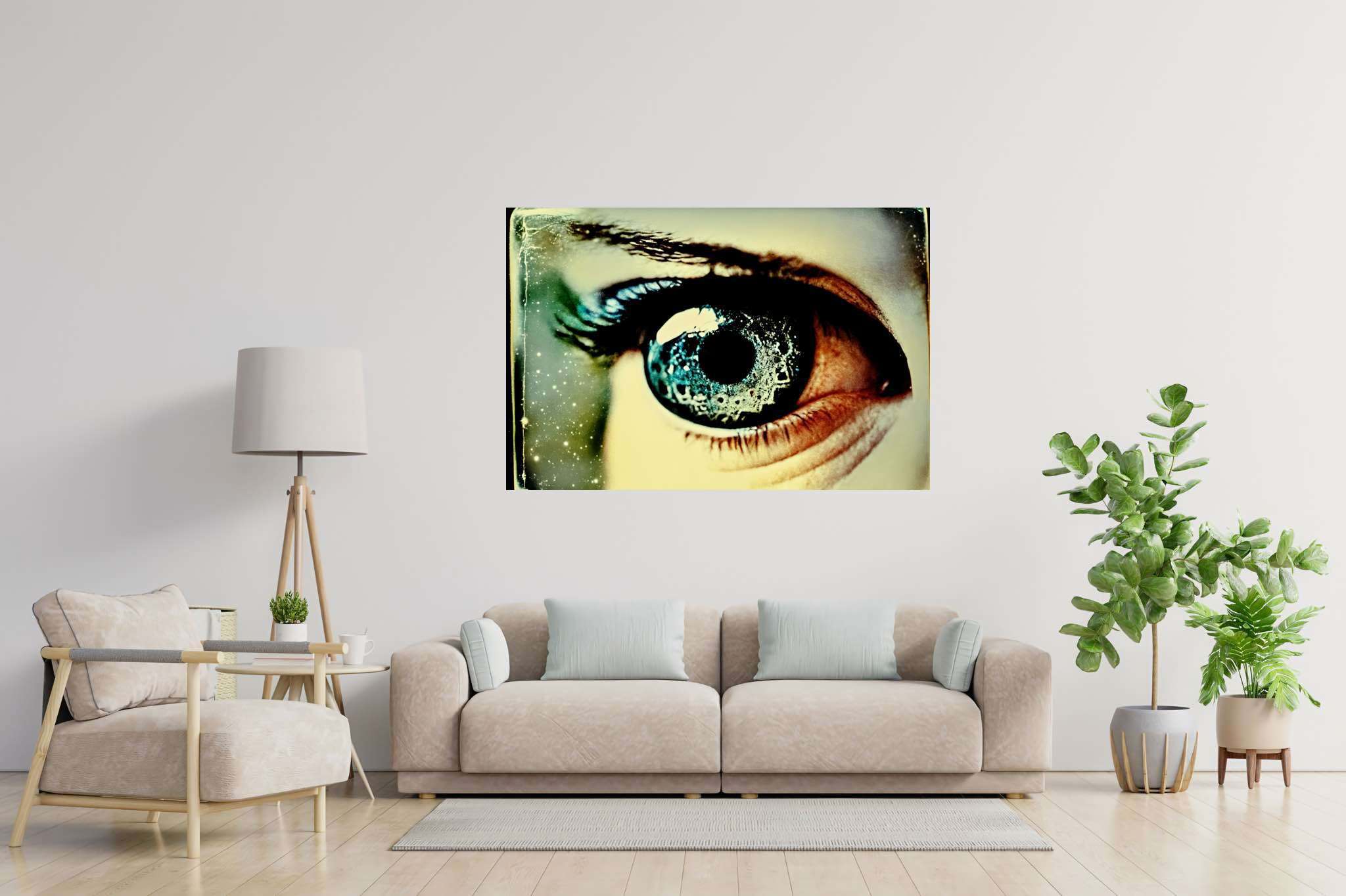 Stargazer's enigma: Galaxy eye art with nebula artistry, in a room with minimalist approach, digital art pieces, and home furnishings. The art can be printed on poster, framed poster, canvas, metal, acrylic or wood, exclusively at WallArtZen. Find this exact print at https://wallartzen.com/waz62