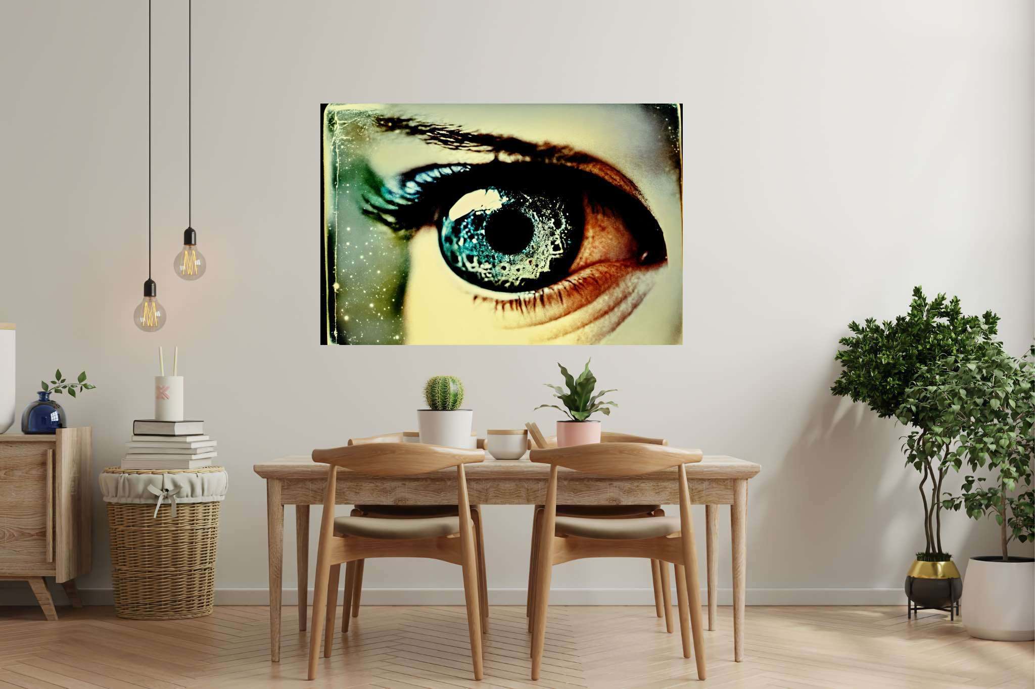 Stargazer's enigma: Galaxy eye art with cosmic-themed eye art, in a room with innovative layout, canvas prints, and luxe decor. The art can be printed on poster, framed poster, canvas, metal, acrylic or wood, exclusively at WallArtZen. Find this exact print at https://wallartzen.com/waz62