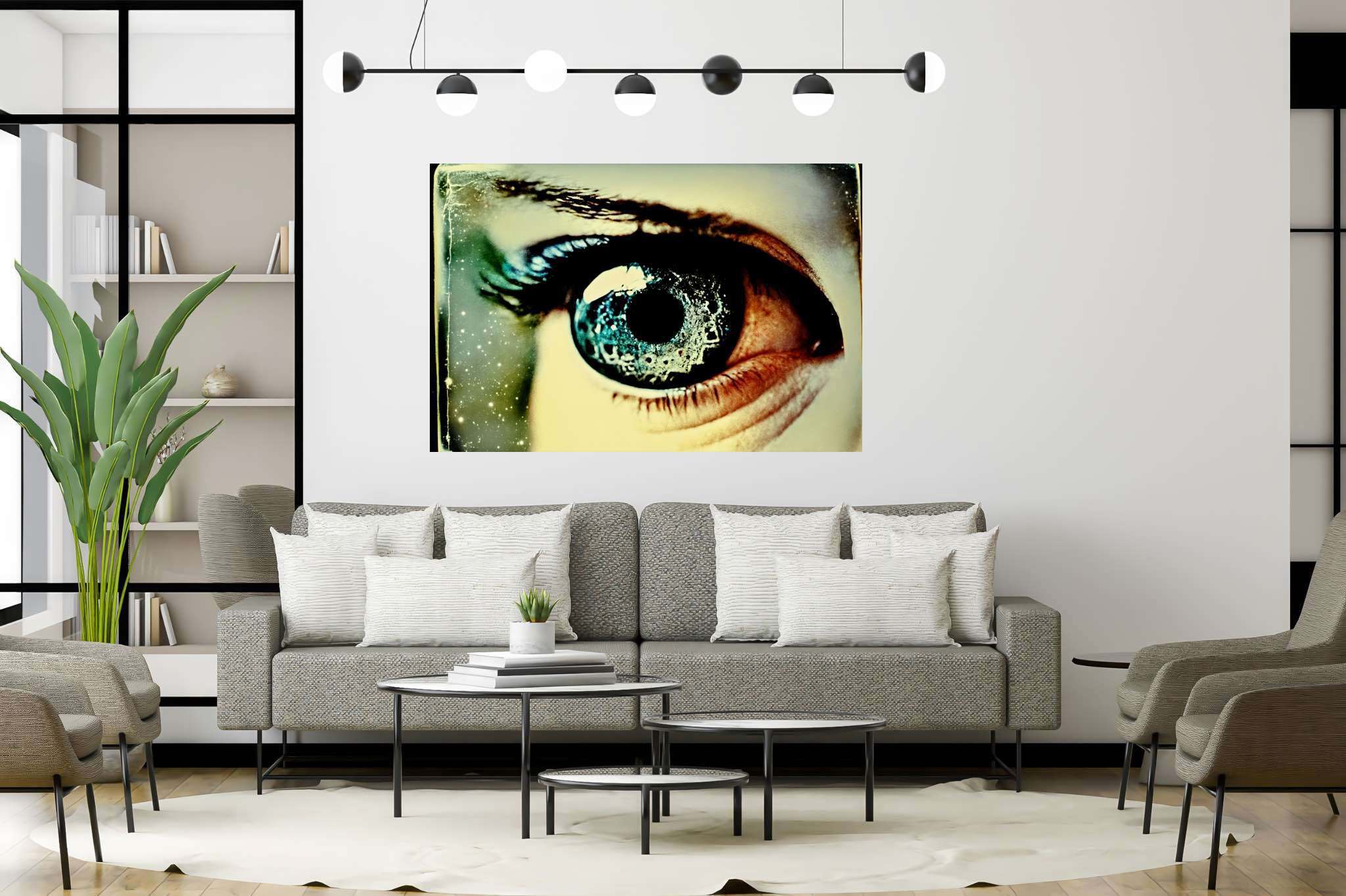 Stargazer's enigma: Galaxy eye art with galaxy eye art, in a room with elegant layout, mural artworks, and luxe decor. The art can be printed on poster, framed poster, canvas, metal, acrylic or wood, exclusively at WallArtZen. Find this exact print at https://wallartzen.com/waz62