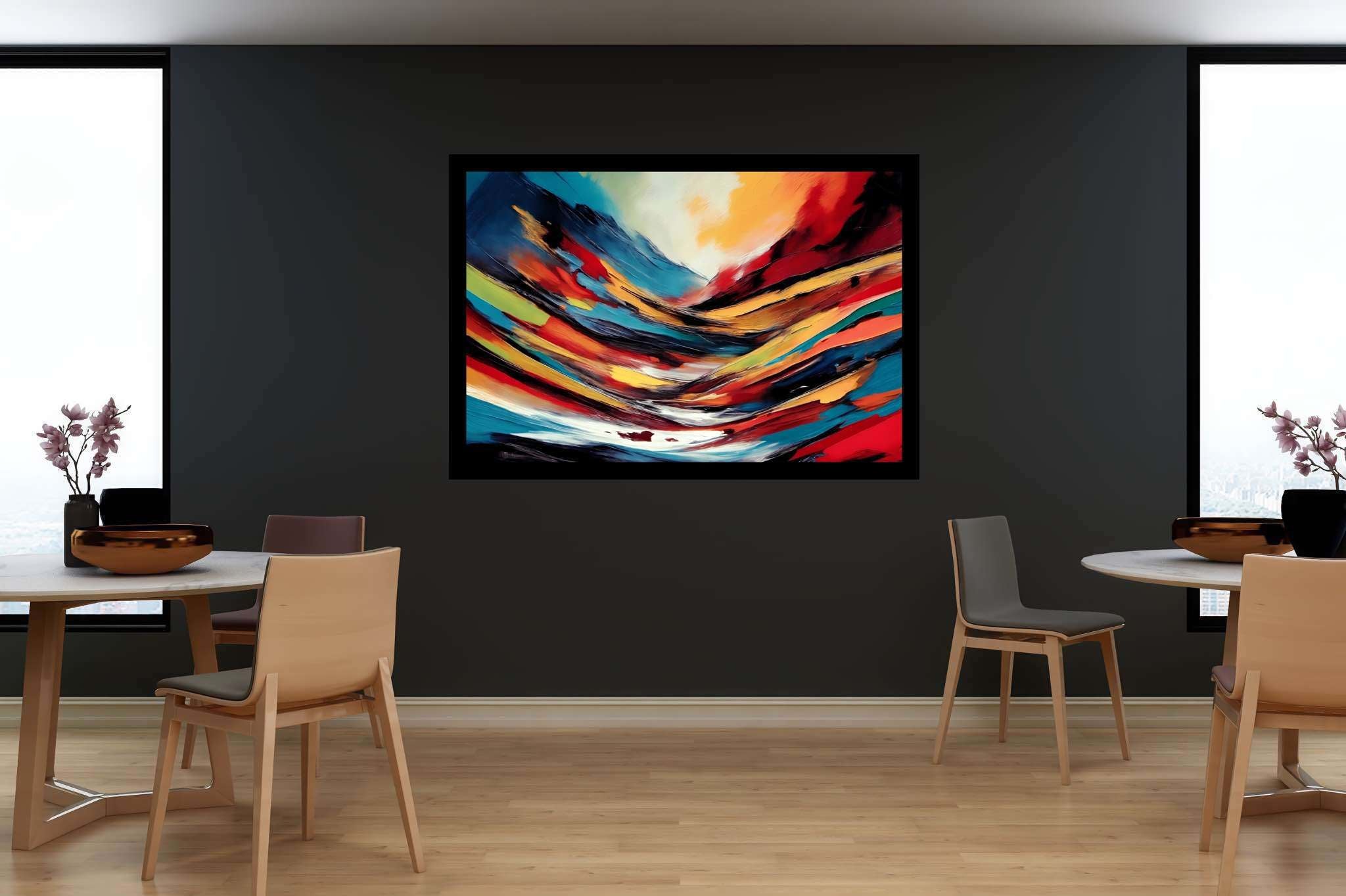 Chroma summit dreams: Vibrant art with vibrant art, in a room with contemporary flair, gallery-quality artwork, and designer furniture. The art can be printed on poster, framed poster, canvas, metal, acrylic or wood, exclusively at WallArtZen. Find this exact print at https://wallartzen.com/waz63