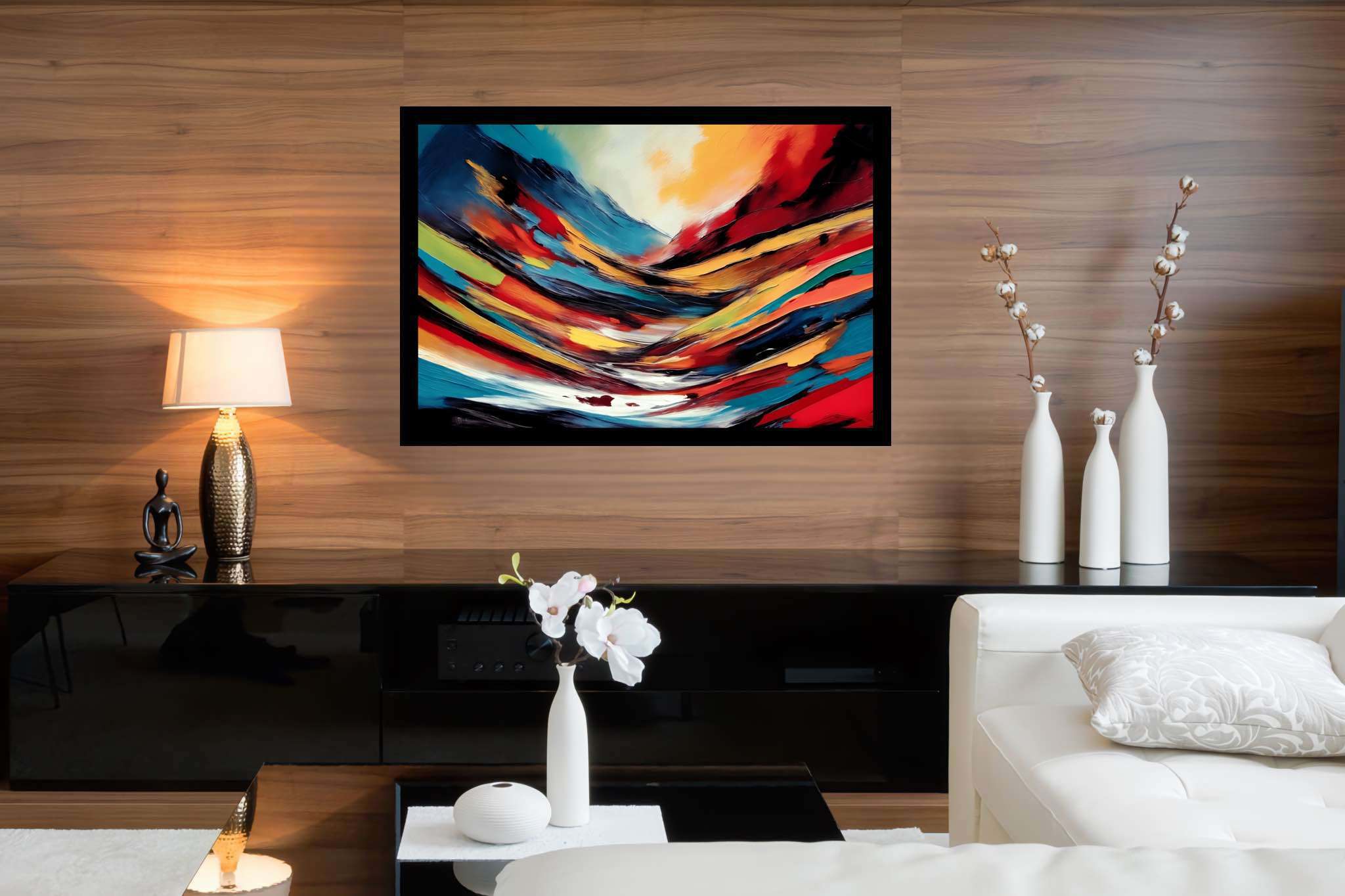 Chroma summit dreams: Vibrant art with vibrant acrylics, in a room with urban design, wall art, and artisan decor. The art can be printed on poster, framed poster, canvas, metal, acrylic or wood, exclusively at WallArtZen. Find this exact print at https://wallartzen.com/waz63