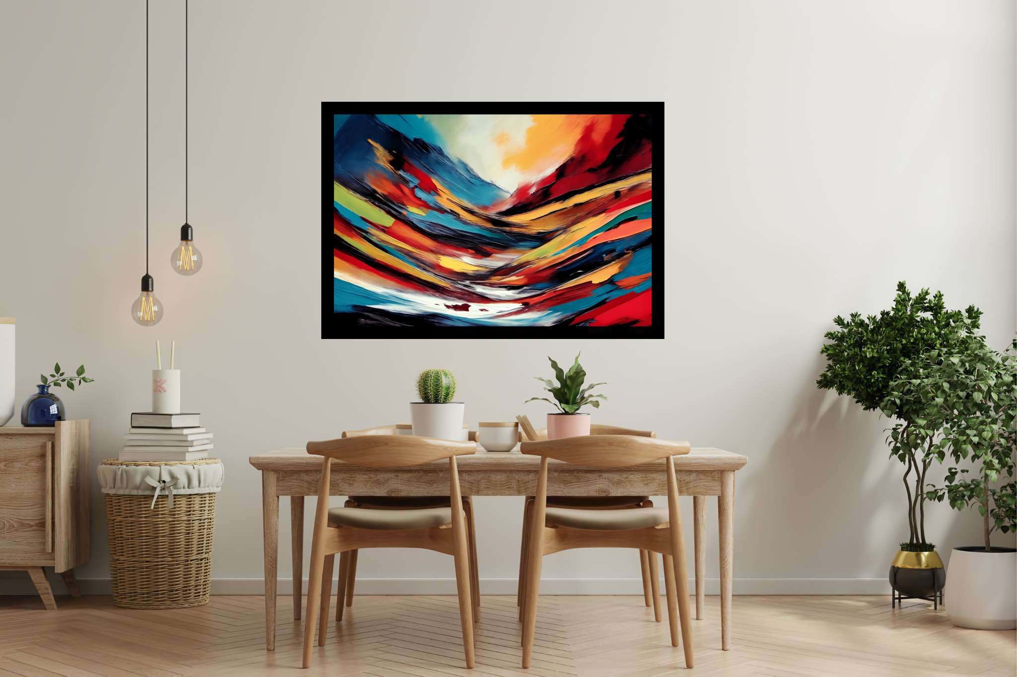 Chroma summit dreams: Vibrant art with vibrant watercolors, in a room with artistic style, gallery-quality artwork, and home furnishings. The art can be printed on poster, framed poster, canvas, metal, acrylic or wood, exclusively at WallArtZen. Find this exact print at https://wallartzen.com/waz63