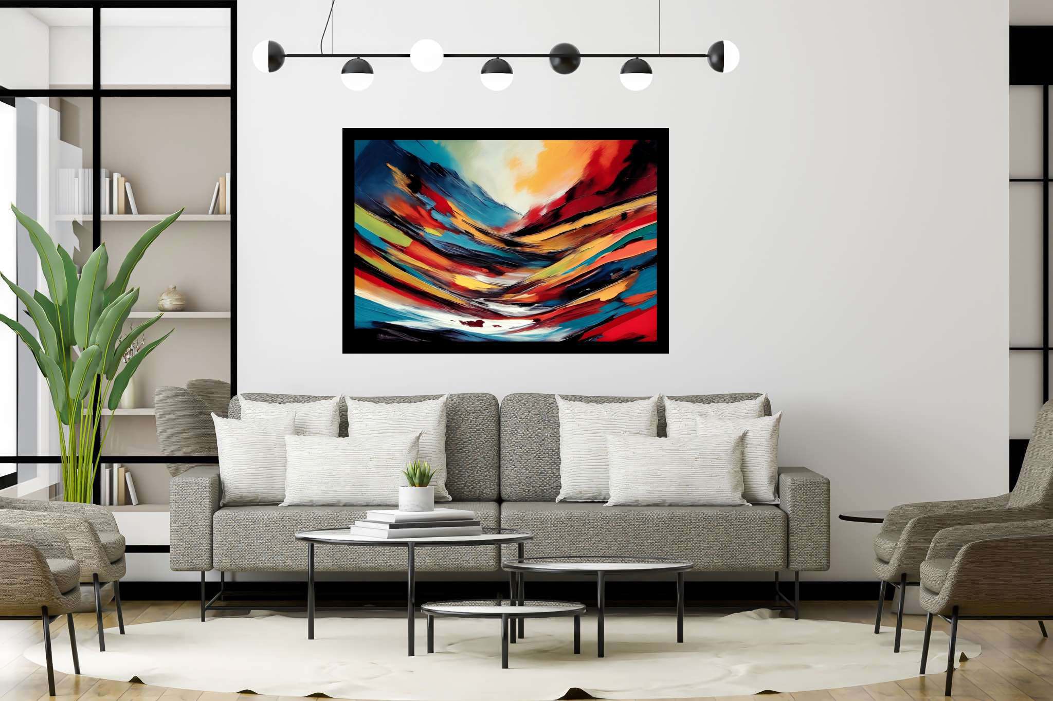 Chroma summit dreams: Vibrant art with dynamic illustrations, in a room with chic decor, mural artworks, and home furnishings. The art can be printed on poster, framed poster, canvas, metal, acrylic or wood, exclusively at WallArtZen. Find this exact print at https://wallartzen.com/waz63