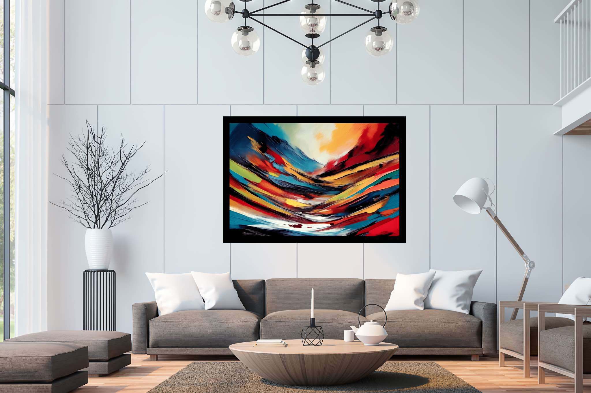 Chroma summit dreams: Vibrant art with lively graphics, in a room with classic elegance, canvas prints, and artisan decor. The art can be printed on poster, framed poster, canvas, metal, acrylic or wood, exclusively at WallArtZen. Find this exact print at https://wallartzen.com/waz63