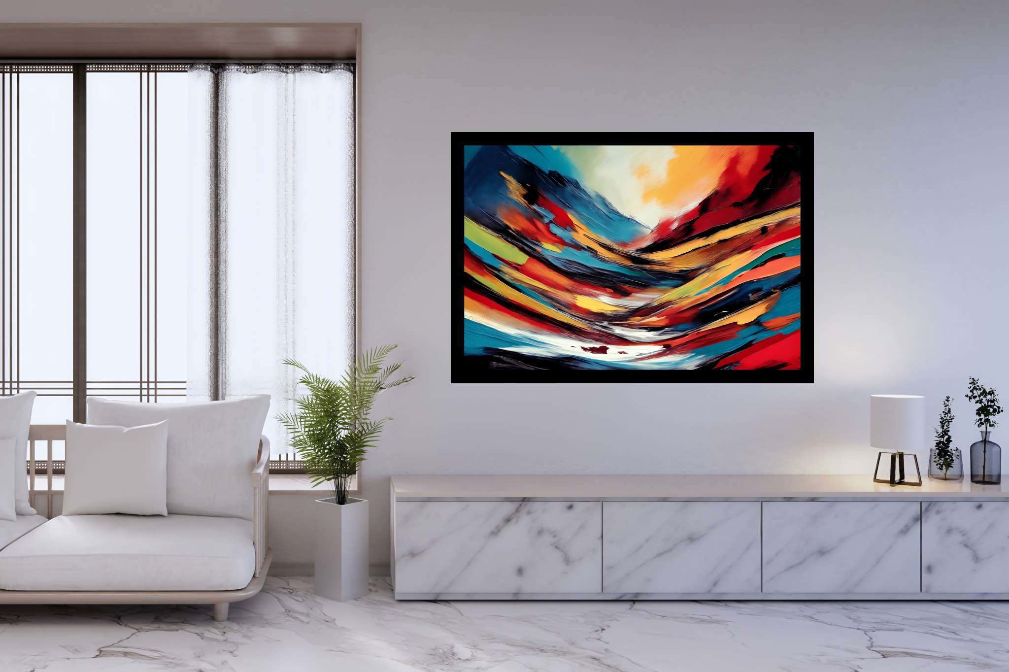Chroma summit dreams: Vibrant art with vivid masterpieces, in a room with classic elegance, digital art pieces, and trendy home accents. The art can be printed on poster, framed poster, canvas, metal, acrylic or wood, exclusively at WallArtZen. Find this exact print at https://wallartzen.com/waz63