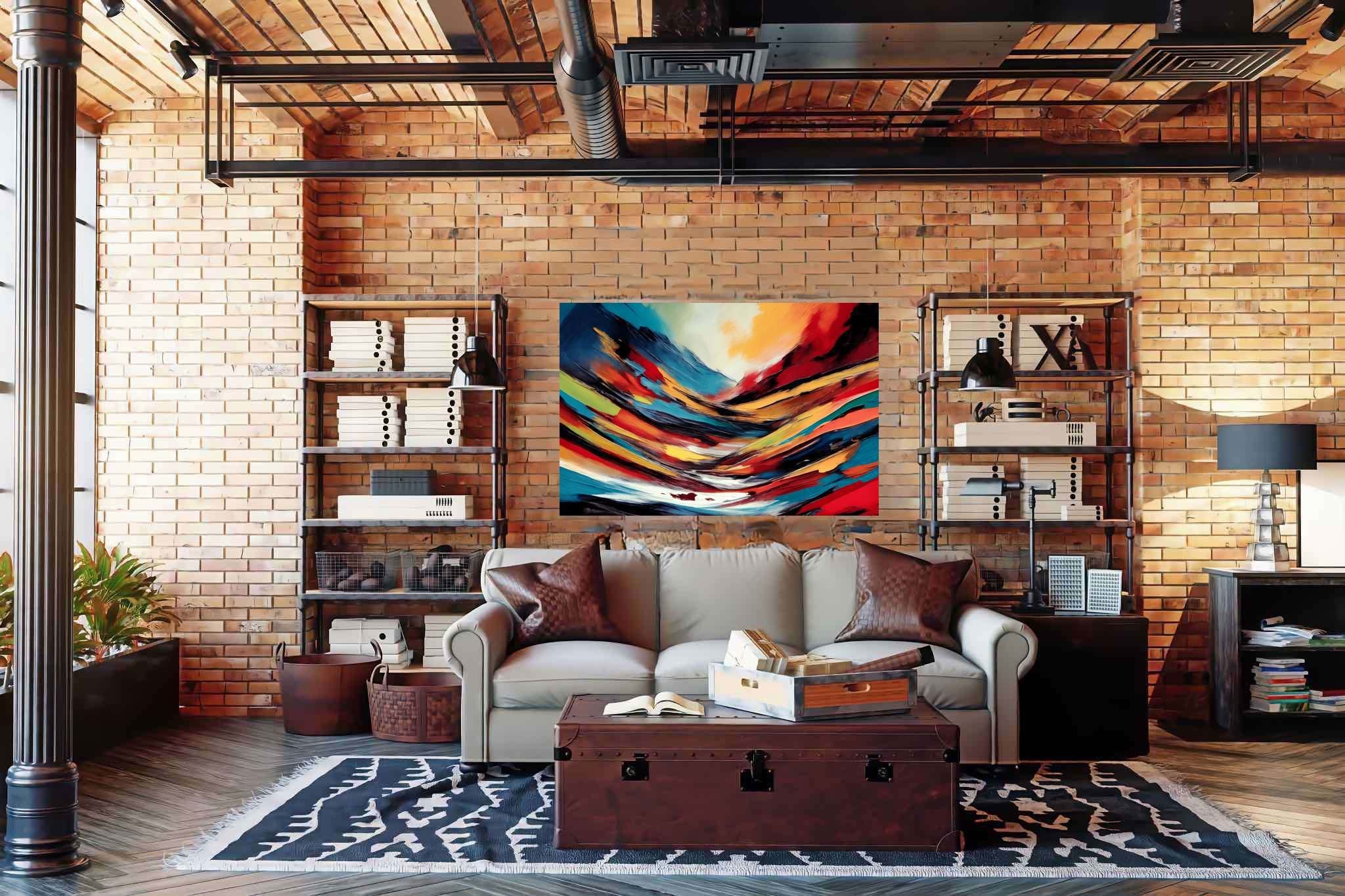 Chroma summit dreams: Vibrant art with vibrant abstract, in a room with artistic style, abstract paintings, and interior decorations. The art can be printed on poster, framed poster, canvas, metal, acrylic or wood, exclusively at WallArtZen. Find this exact print at https://wallartzen.com/waz63