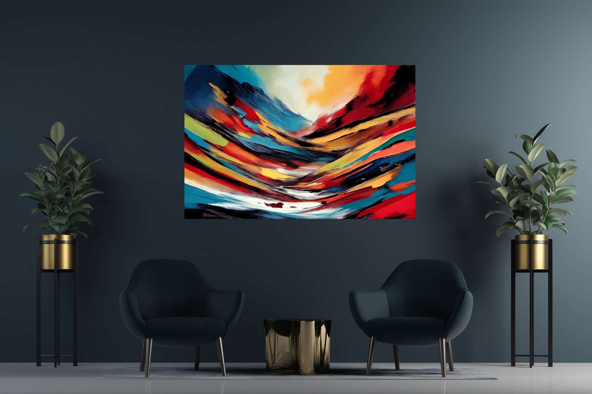 Chroma summit dreams: Vibrant art with energetic artwork, in a room with classic elegance, wall hangings, and interior decorations. The art can be printed on poster, framed poster, canvas, metal, acrylic or wood, exclusively at WallArtZen. Find this exact print at https://wallartzen.com/waz63