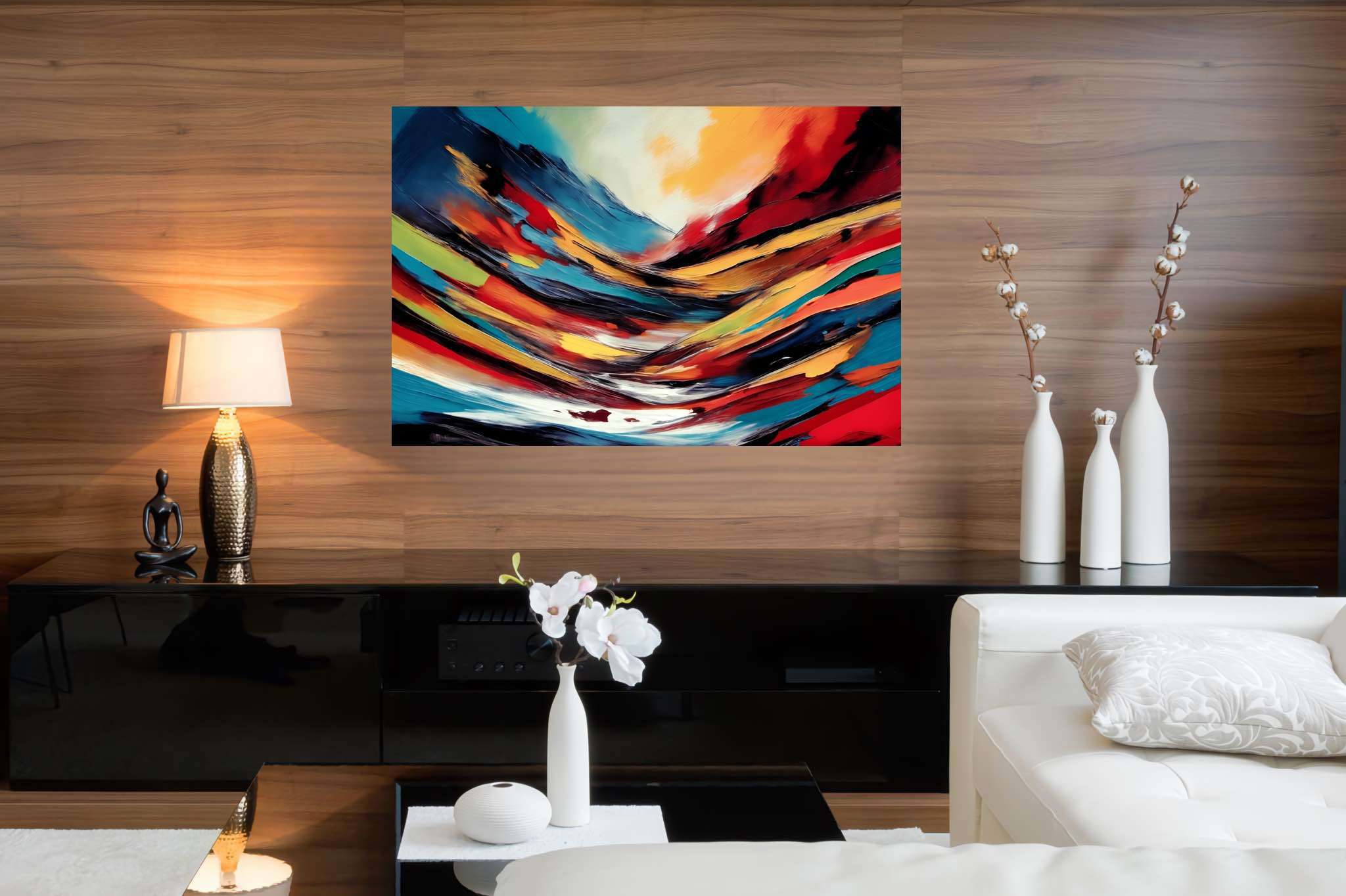 Chroma summit dreams: Vibrant art with vibrant expressionism, in a room with classic elegance, abstract paintings, and luxe decor. The art can be printed on poster, framed poster, canvas, metal, acrylic or wood, exclusively at WallArtZen. Find this exact print at https://wallartzen.com/waz63
