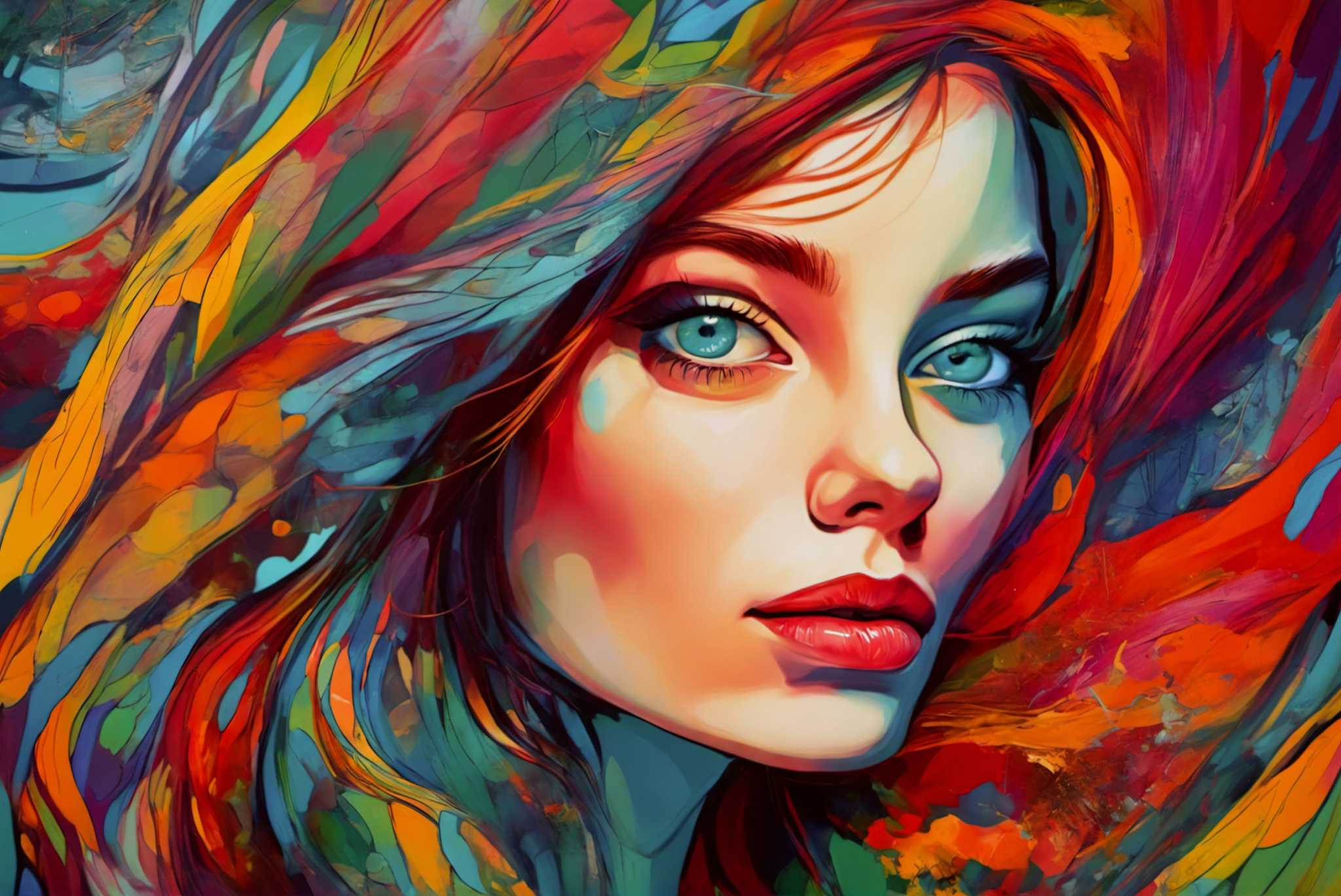 Crimson gaze visions: Surreal portrait art with mind-bending portraits, in a room with modern style, wall art, and home styling items. The art can be printed on poster, framed poster, canvas, metal, acrylic or wood, exclusively at WallArtZen. Find this exact print at https://wallartzen.com/waz64