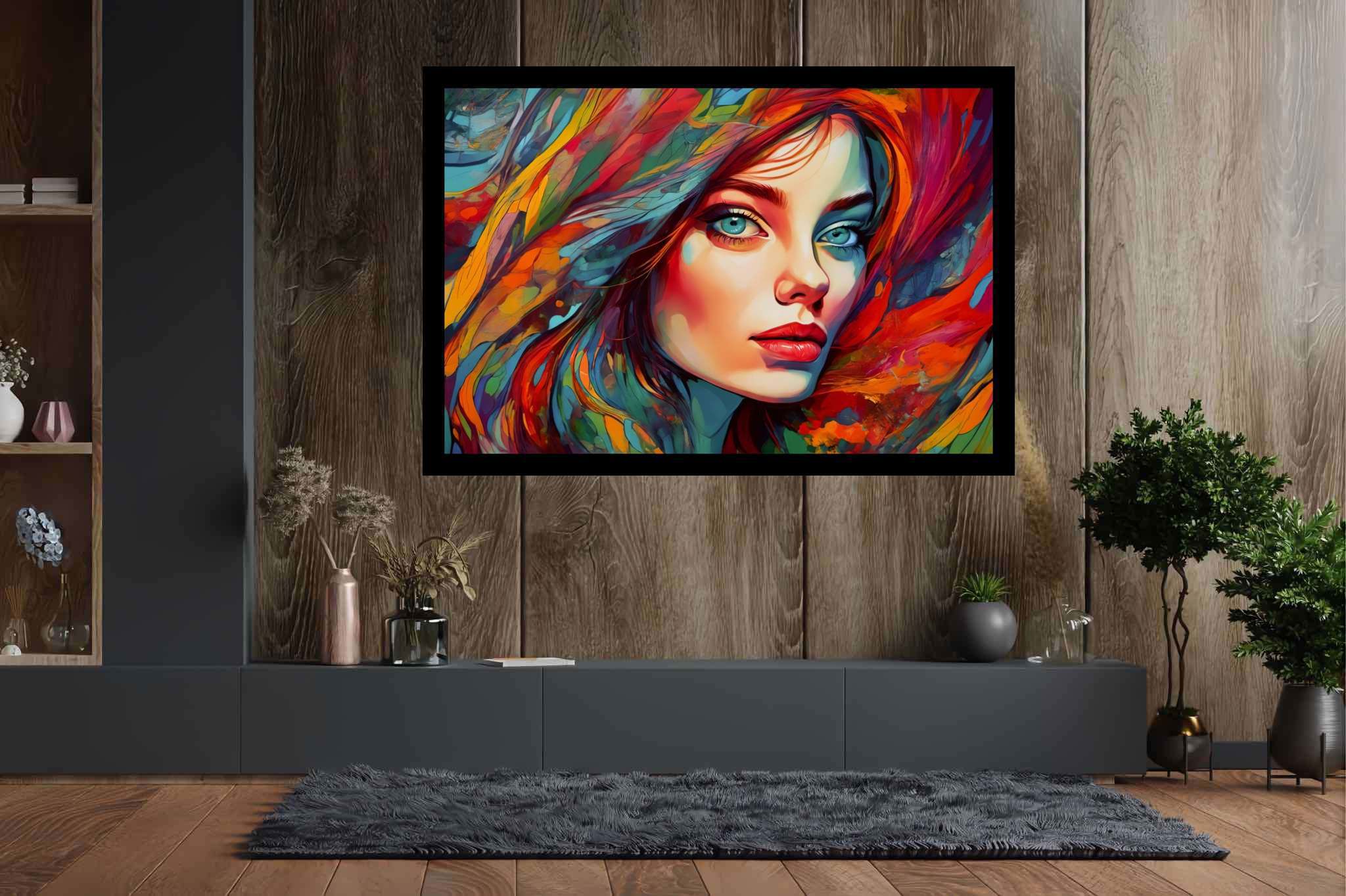 Crimson gaze visions: Surreal portrait art with subconscious imagery, in a room with chic decor, digital art pieces, and luxe decor. The art can be printed on poster, framed poster, canvas, metal, acrylic or wood, exclusively at WallArtZen. Find this exact print at https://wallartzen.com/waz64