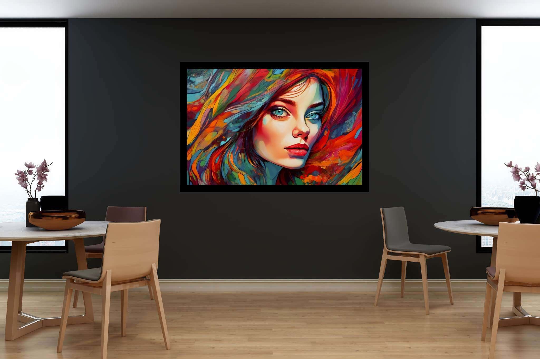 Crimson gaze visions: Surreal portrait art with imaginative faces, in a room with classic elegance, photographic wall art, and artisan decor. The art can be printed on poster, framed poster, canvas, metal, acrylic or wood, exclusively at WallArtZen. Find this exact print at https://wallartzen.com/waz64