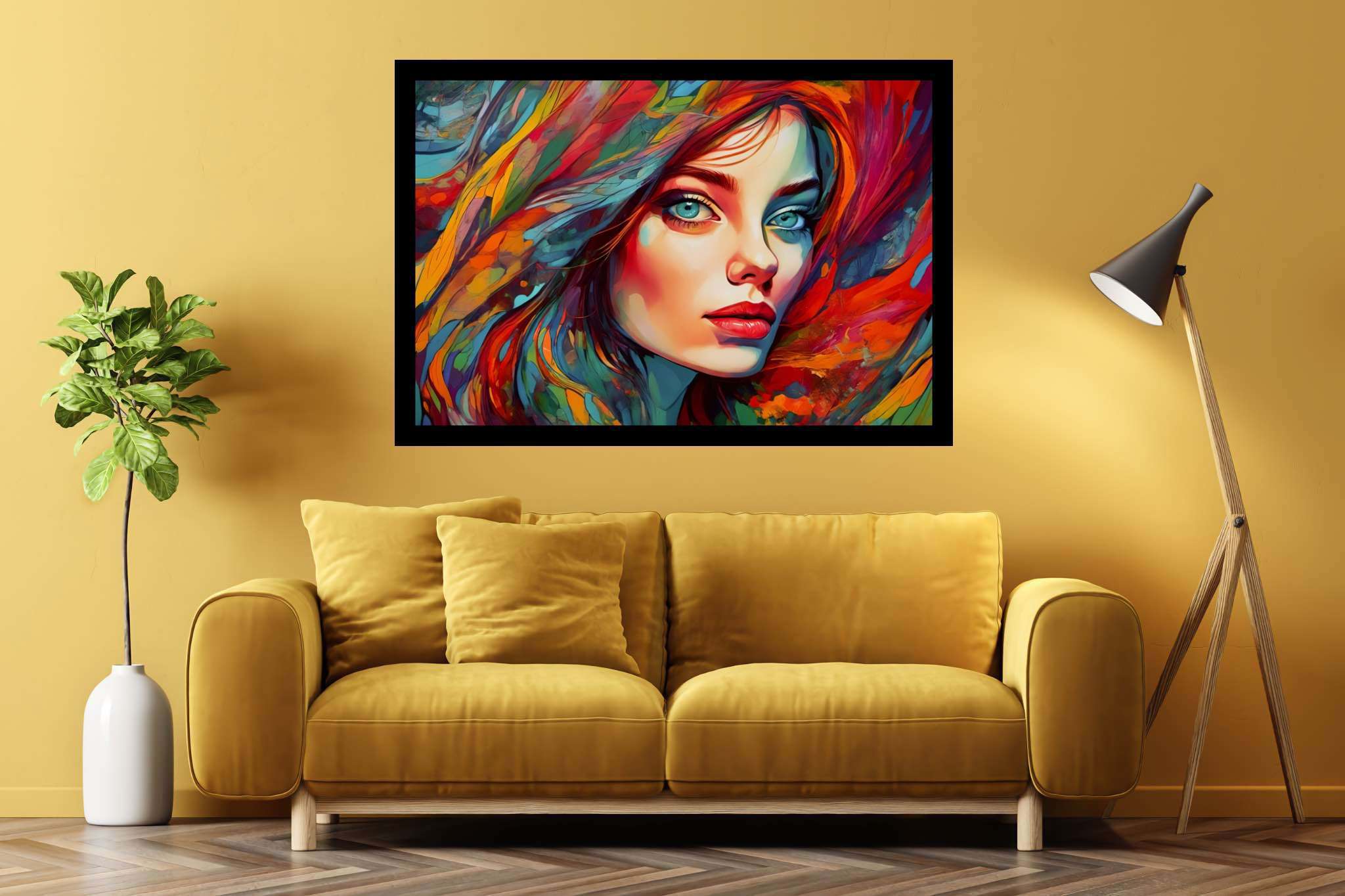 Crimson gaze visions: Surreal portrait art with fantastical portraits, in a room with minimalist approach, wall hangings, and home furnishings. The art can be printed on poster, framed poster, canvas, metal, acrylic or wood, exclusively at WallArtZen. Find this exact print at https://wallartzen.com/waz64