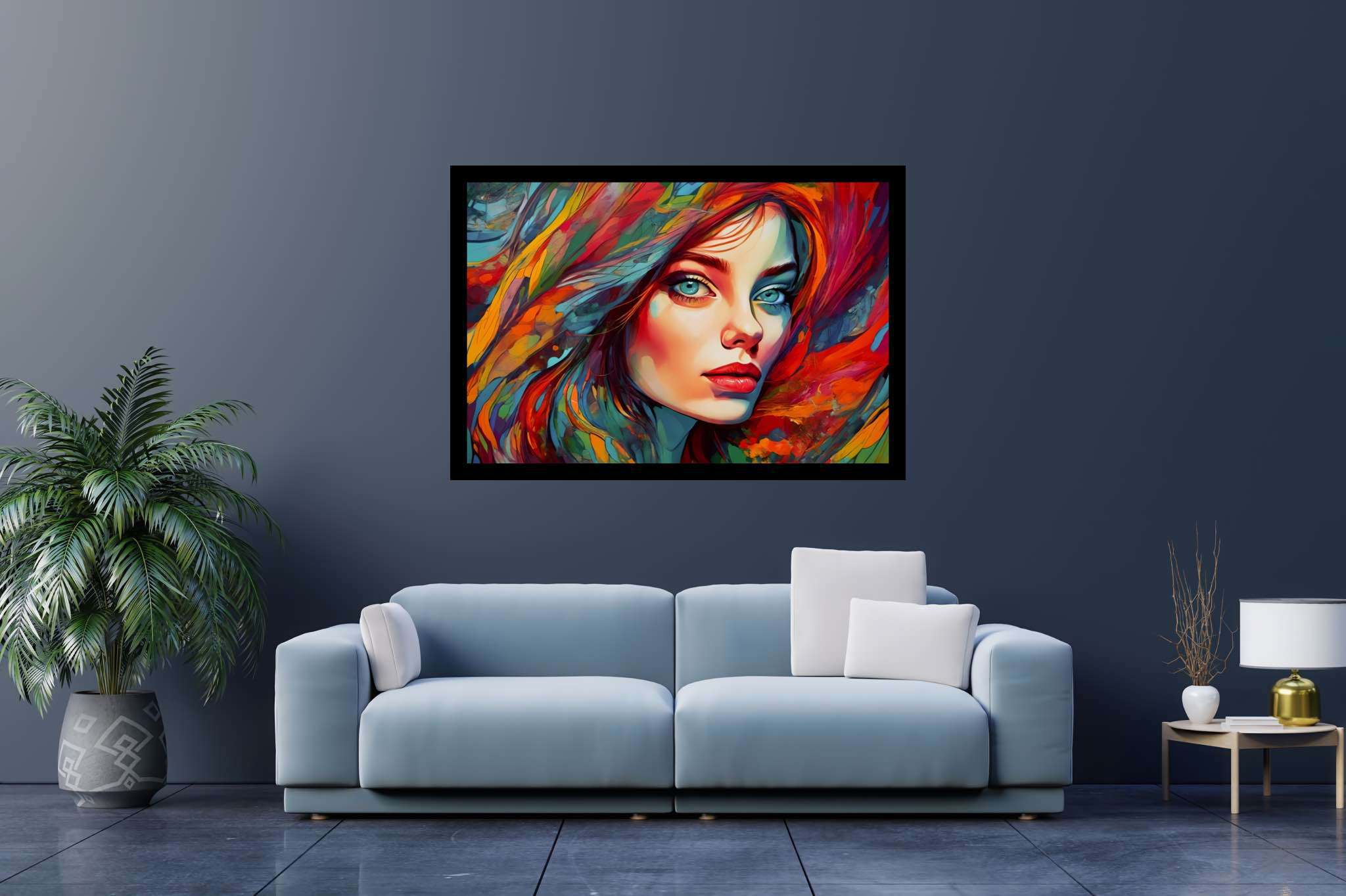 Crimson gaze visions: Surreal portrait art with ethereal art, in a room with modern style, wall hangings, and elegant home goods. The art can be printed on poster, framed poster, canvas, metal, acrylic or wood, exclusively at WallArtZen. Find this exact print at https://wallartzen.com/waz64