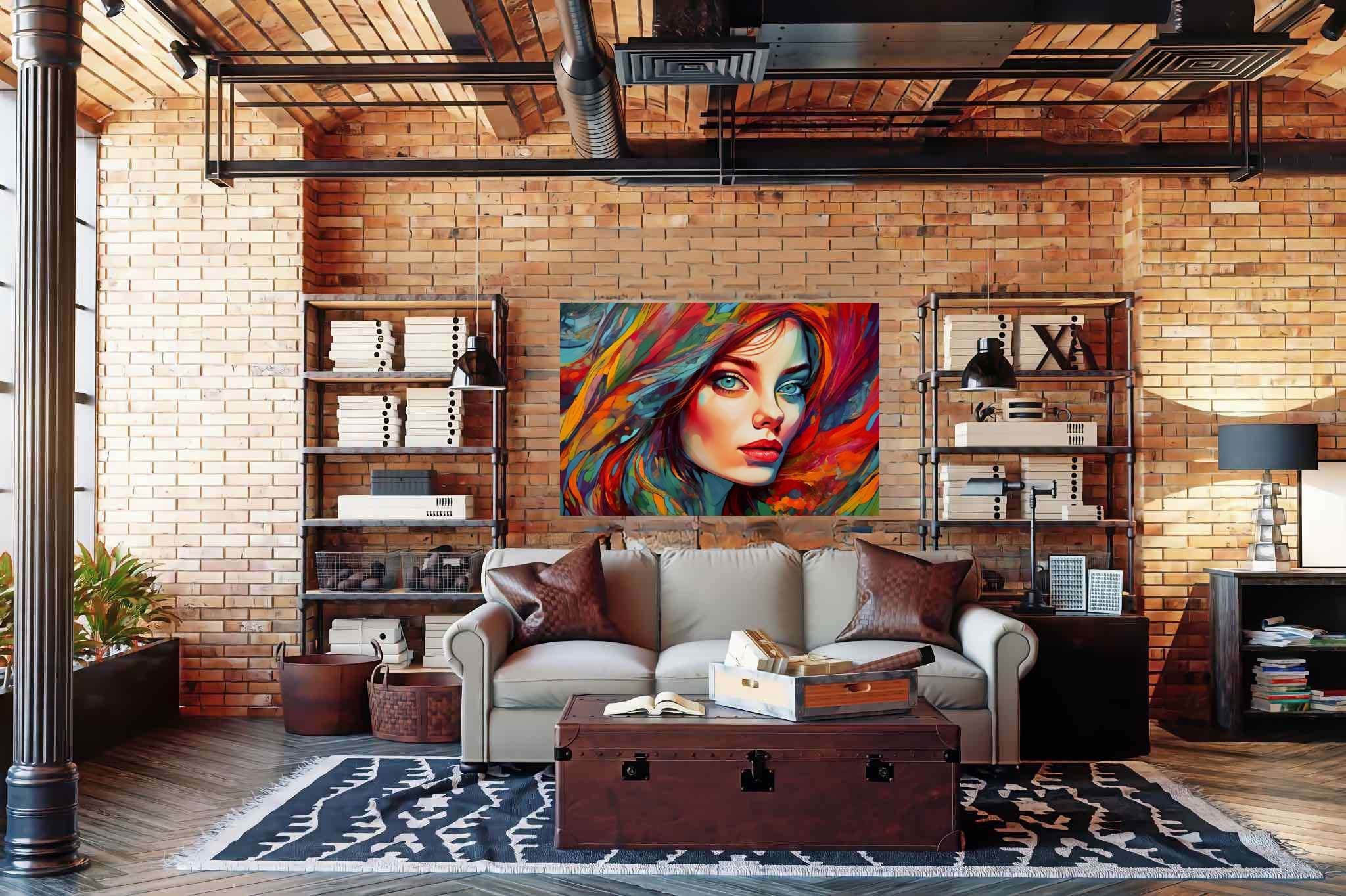 Crimson gaze visions: Surreal portrait art with uncanny artwork, in a room with chic decor, framed art, and elegant home goods. The art can be printed on poster, framed poster, canvas, metal, acrylic or wood, exclusively at WallArtZen. Find this exact print at https://wallartzen.com/waz64