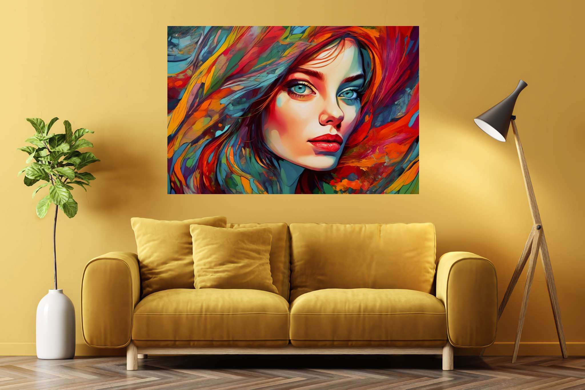 Crimson gaze visions: Surreal portrait art with subconscious imagery, in a room with minimalist approach, gallery-quality artwork, and elegant home goods. The art can be printed on poster, framed poster, canvas, metal, acrylic or wood, exclusively at WallArtZen. Find this exact print at https://wallartzen.com/waz64