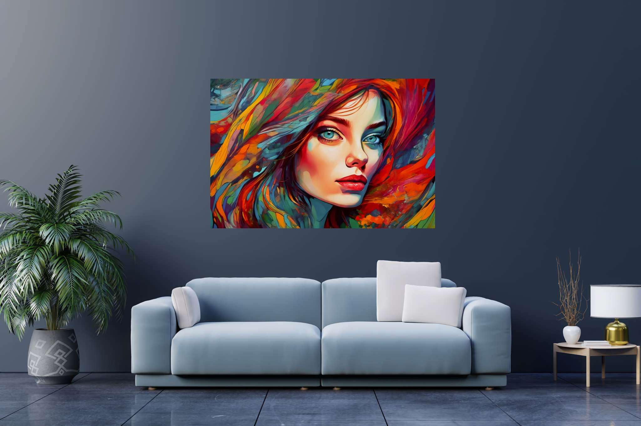 Crimson gaze visions: Surreal portrait art with otherworldly portraits, in a room with great design, photographic wall art, and decorative pieces. The art can be printed on poster, framed poster, canvas, metal, acrylic or wood, exclusively at WallArtZen. Find this exact print at https://wallartzen.com/waz64