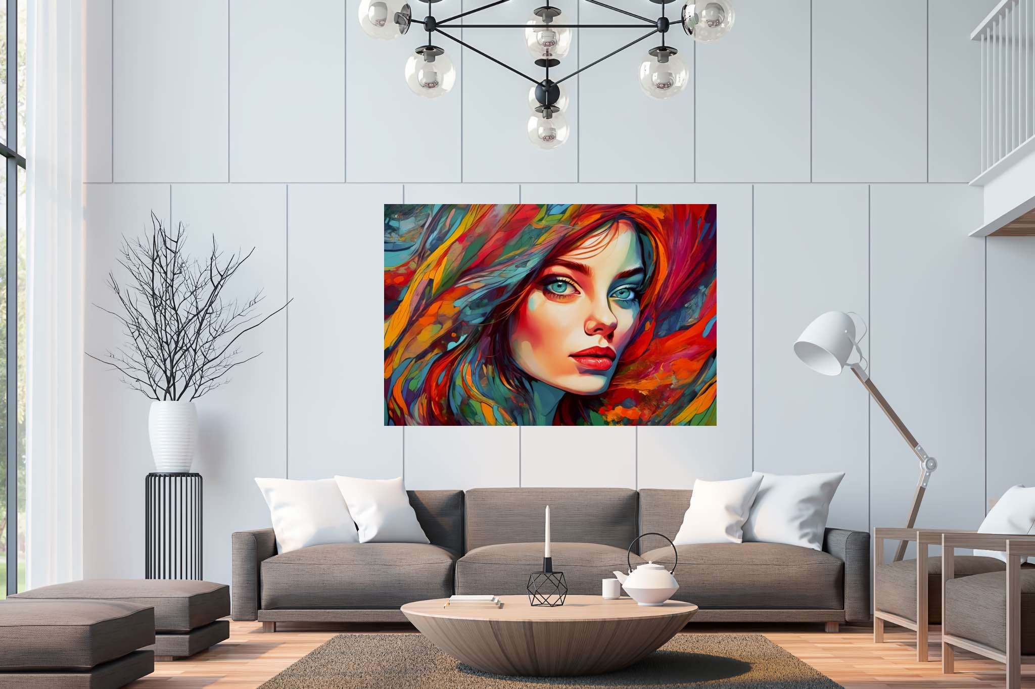 Crimson gaze visions: Surreal portrait art with metaphysical art, in a room with innovative layout, gallery-quality artwork, and luxe decor. The art can be printed on poster, framed poster, canvas, metal, acrylic or wood, exclusively at WallArtZen. Find this exact print at https://wallartzen.com/waz64