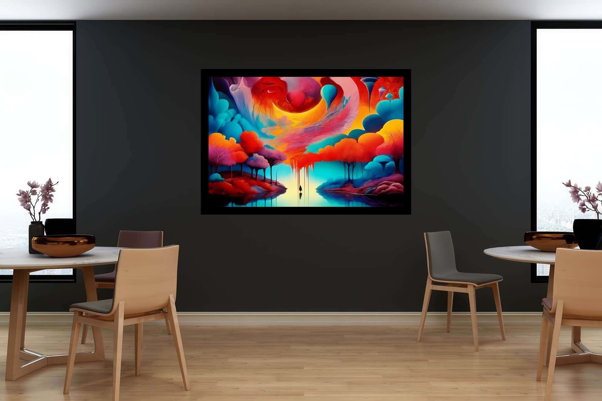 Chromatic odyssey: Vibrant art with energetic art, in a room with innovative layout, framed art, and home furnishings. The art can be printed on poster, framed poster, canvas, metal, acrylic or wood, exclusively at WallArtZen. Find this exact print at https://wallartzen.com/waz66