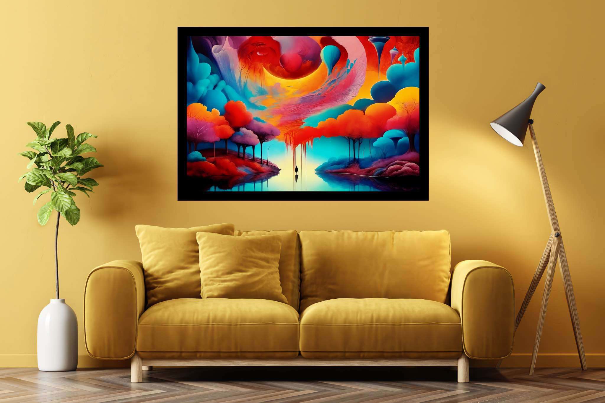 Chromatic odyssey: Vibrant art with vibrant visual experience, in a room with elegant layout, framed art, and designer furniture. The art can be printed on poster, framed poster, canvas, metal, acrylic or wood, exclusively at WallArtZen. Find this exact print at https://wallartzen.com/waz66