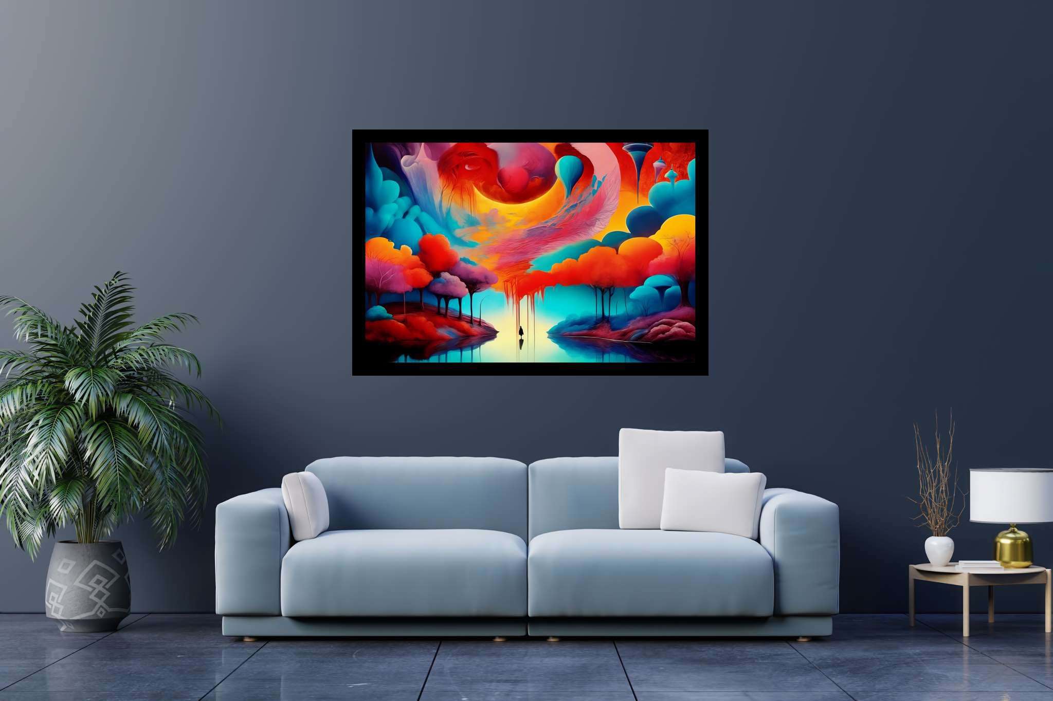 Chromatic odyssey: Vibrant art with colorful artwork, in a room with chic decor, photographic wall art, and stylish accessories. The art can be printed on poster, framed poster, canvas, metal, acrylic or wood, exclusively at WallArtZen. Find this exact print at https://wallartzen.com/waz66