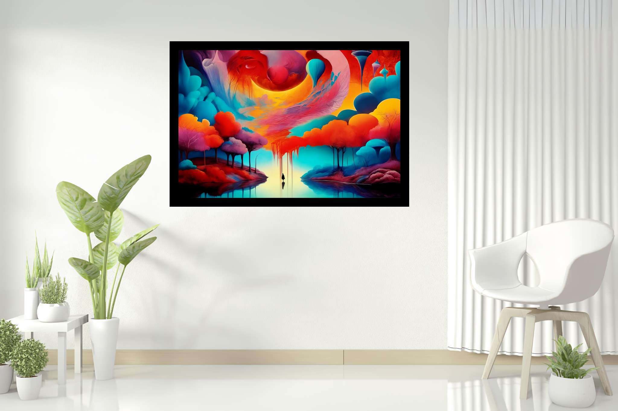 Chromatic odyssey: Vibrant art with vibrant artistic expressions, in a room with great design, framed art, and luxe decor. The art can be printed on poster, framed poster, canvas, metal, acrylic or wood, exclusively at WallArtZen. Find this exact print at https://wallartzen.com/waz66