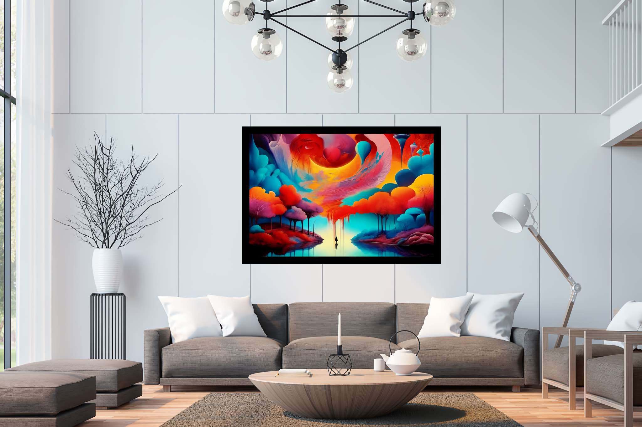 Chromatic odyssey: Vibrant art with dynamic illustrations, in a room with minimalist approach, gallery-quality artwork, and home styling items. The art can be printed on poster, framed poster, canvas, metal, acrylic or wood, exclusively at WallArtZen. Find this exact print at https://wallartzen.com/waz66
