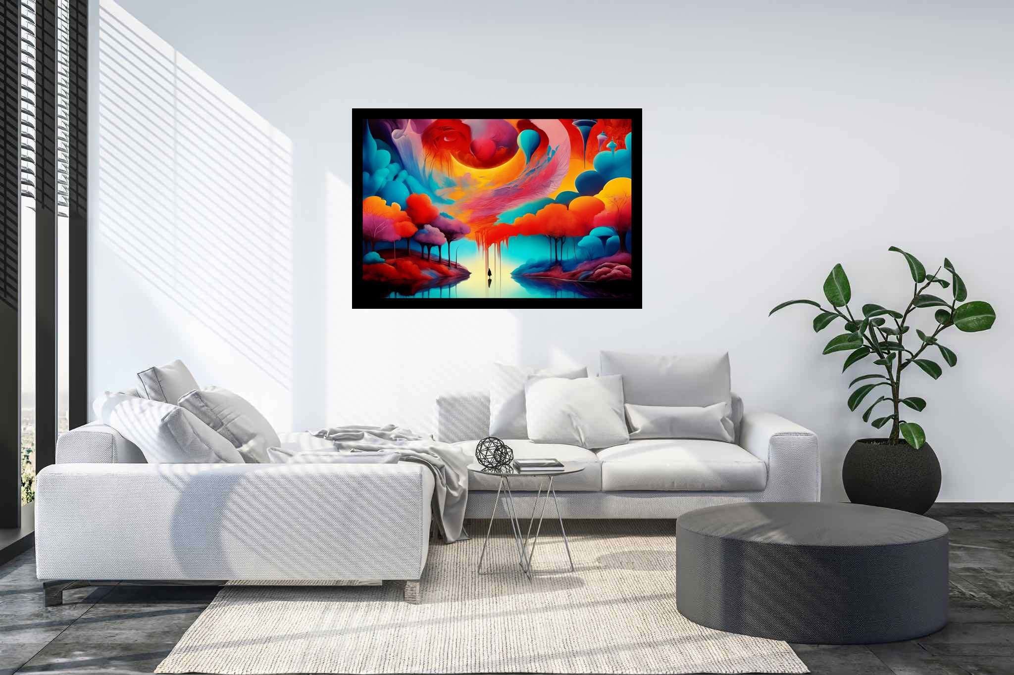 Chromatic odyssey: Vibrant art with vibrant creativity, in a room with great design, framed art, and home styling items. The art can be printed on poster, framed poster, canvas, metal, acrylic or wood, exclusively at WallArtZen. Find this exact print at https://wallartzen.com/waz66