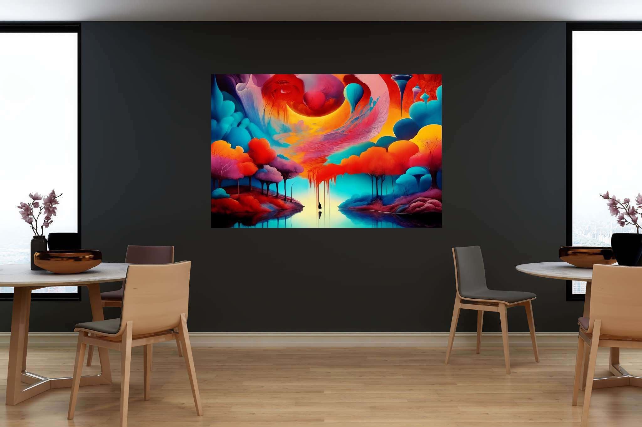 Chromatic odyssey: Vibrant art with vibrant art, in a room with great design, framed art, and luxe decor. The art can be printed on poster, framed poster, canvas, metal, acrylic or wood, exclusively at WallArtZen. Find this exact print at https://wallartzen.com/waz66