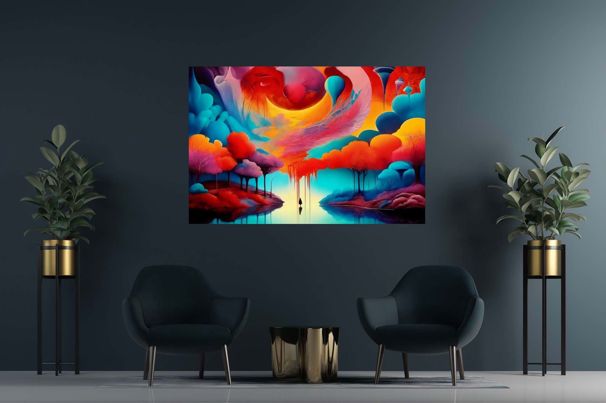 Chromatic odyssey: Vibrant art with lively artistic interpretations, in a room with modern style, photographic wall art, and designer furniture. The art can be printed on poster, framed poster, canvas, metal, acrylic or wood, exclusively at WallArtZen. Find this exact print at https://wallartzen.com/waz66