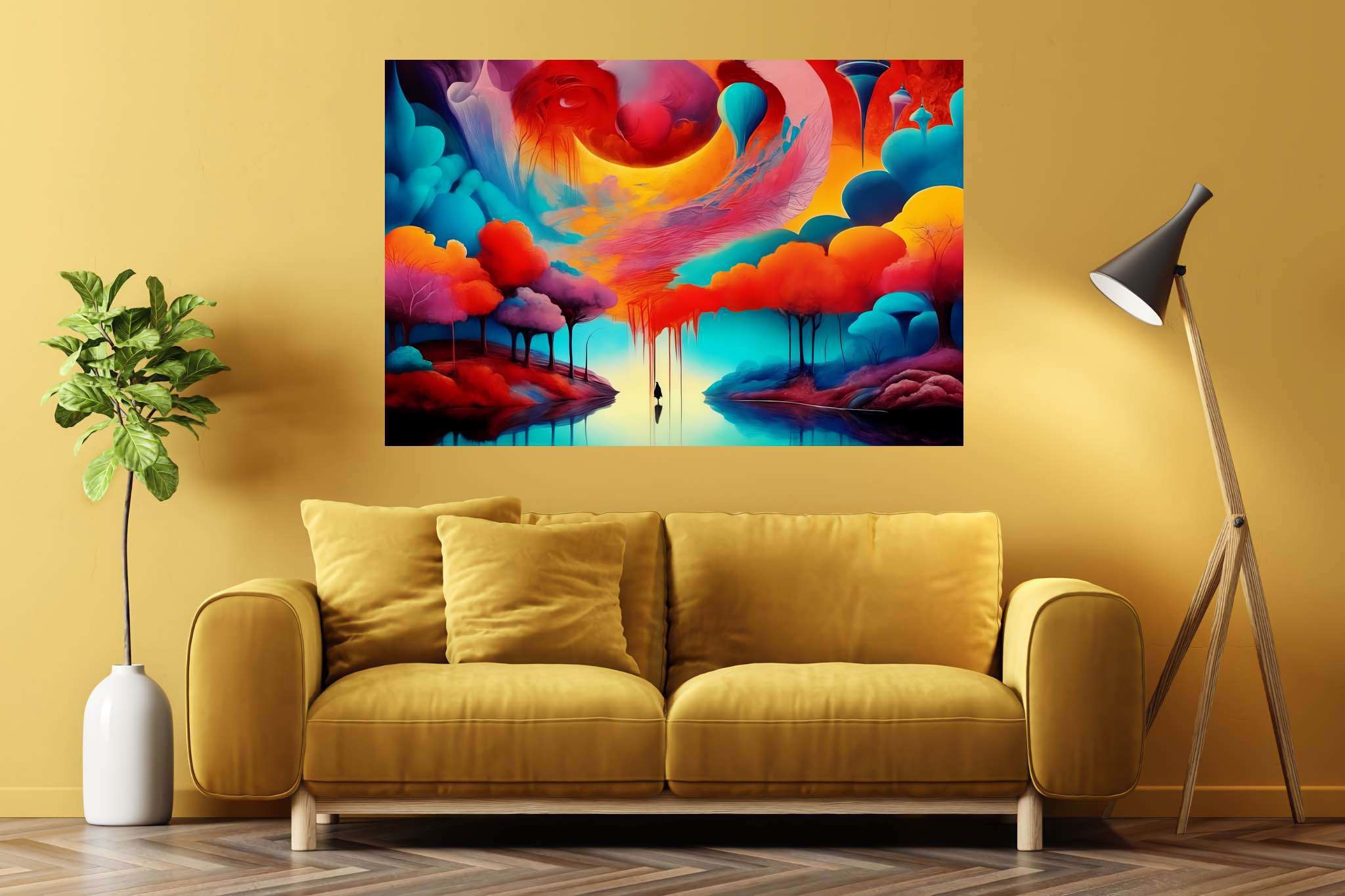 Chromatic odyssey: Vibrant art with vivid artistic expressions, in a room with chic decor, canvas prints, and decorative pieces. The art can be printed on poster, framed poster, canvas, metal, acrylic or wood, exclusively at WallArtZen. Find this exact print at https://wallartzen.com/waz66