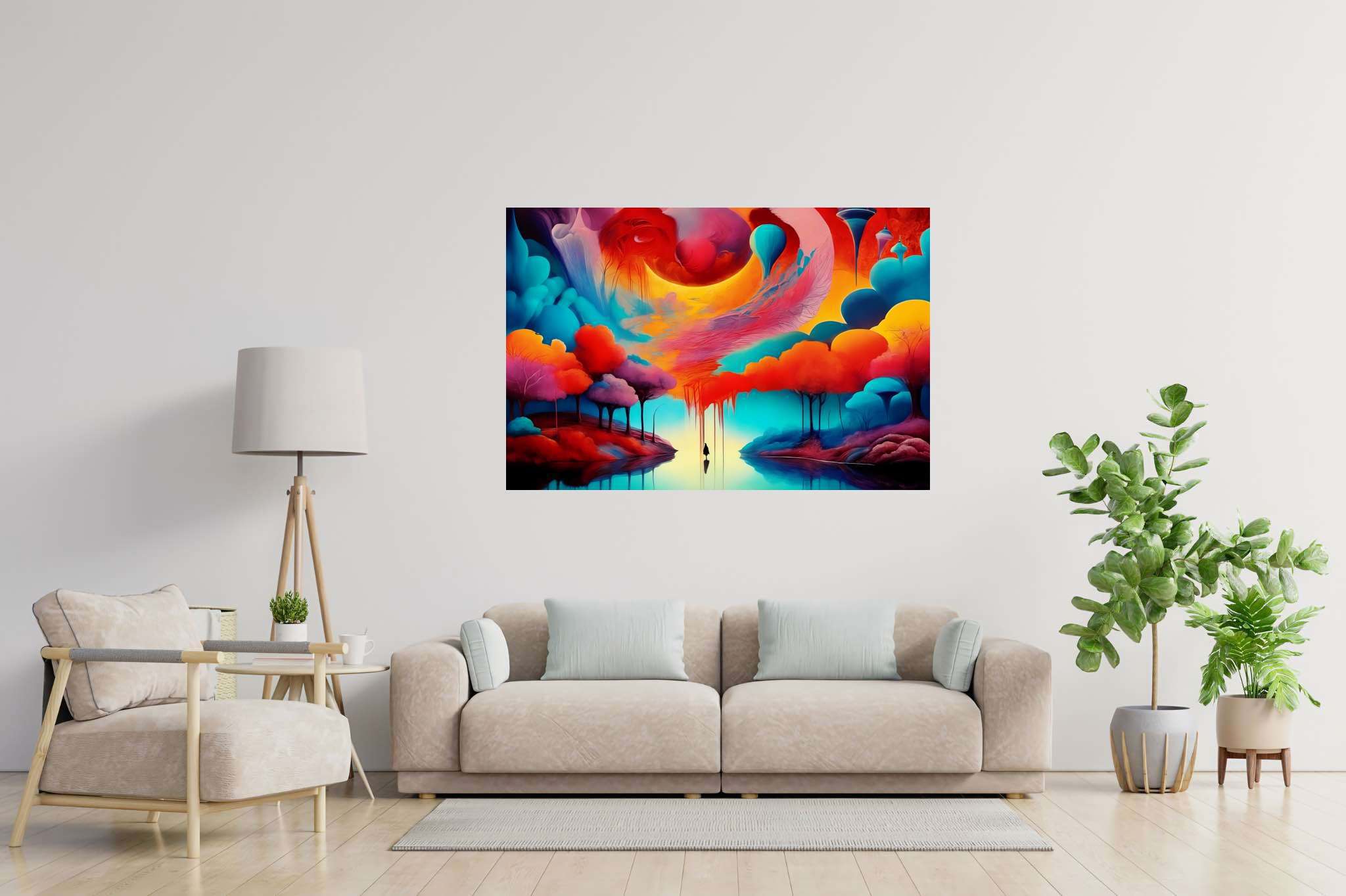 Chromatic odyssey: Vibrant art with vibrant abstract art, in a room with elegant layout, gallery-quality artwork, and home styling items. The art can be printed on poster, framed poster, canvas, metal, acrylic or wood, exclusively at WallArtZen. Find this exact print at https://wallartzen.com/waz66