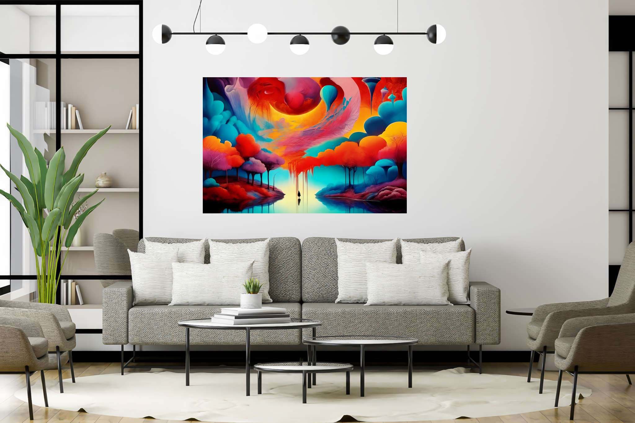 Chromatic odyssey: Vibrant art with energetic art, in a room with innovative layout, wall hangings, and trendy home accents. The art can be printed on poster, framed poster, canvas, metal, acrylic or wood, exclusively at WallArtZen. Find this exact print at https://wallartzen.com/waz66
