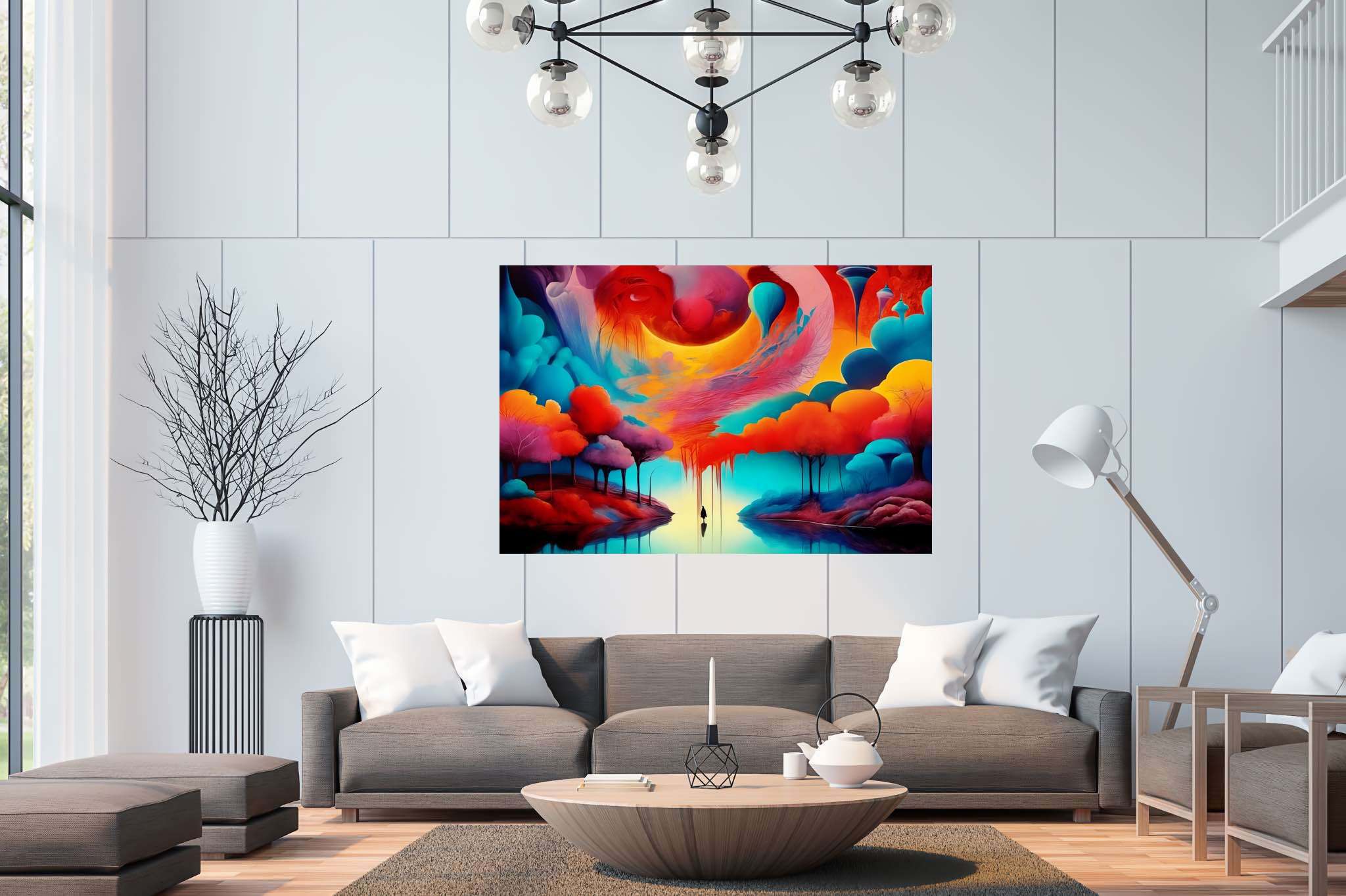 Chromatic odyssey: Vibrant art with vibrant artistry, in a room with contemporary flair, photographic wall art, and trendy home accents. The art can be printed on poster, framed poster, canvas, metal, acrylic or wood, exclusively at WallArtZen. Find this exact print at https://wallartzen.com/waz66