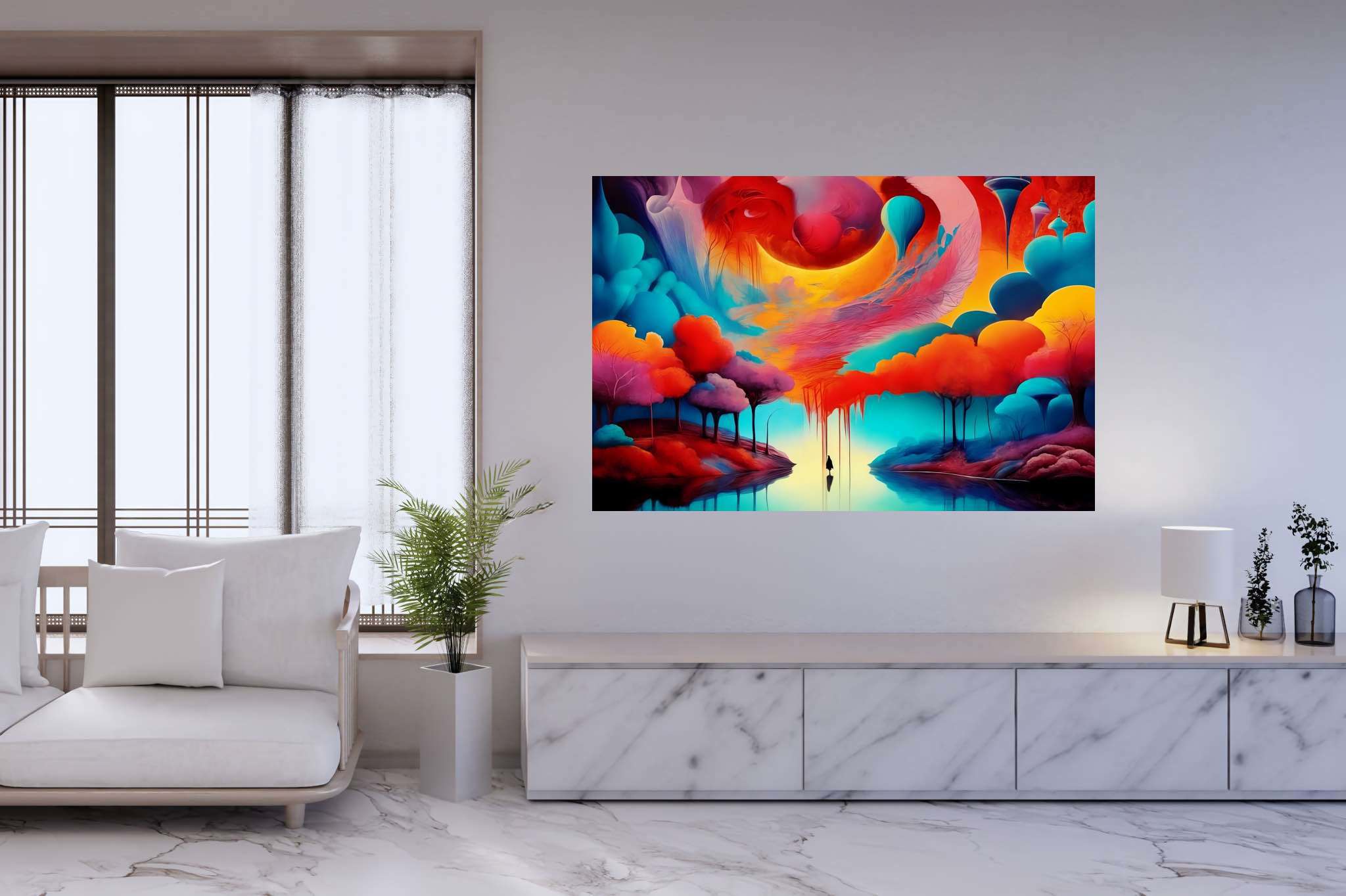 Chromatic odyssey: Vibrant art with energetic art, in a room with elegant layout, wall art, and home styling items. The art can be printed on poster, framed poster, canvas, metal, acrylic or wood, exclusively at WallArtZen. Find this exact print at https://wallartzen.com/waz66