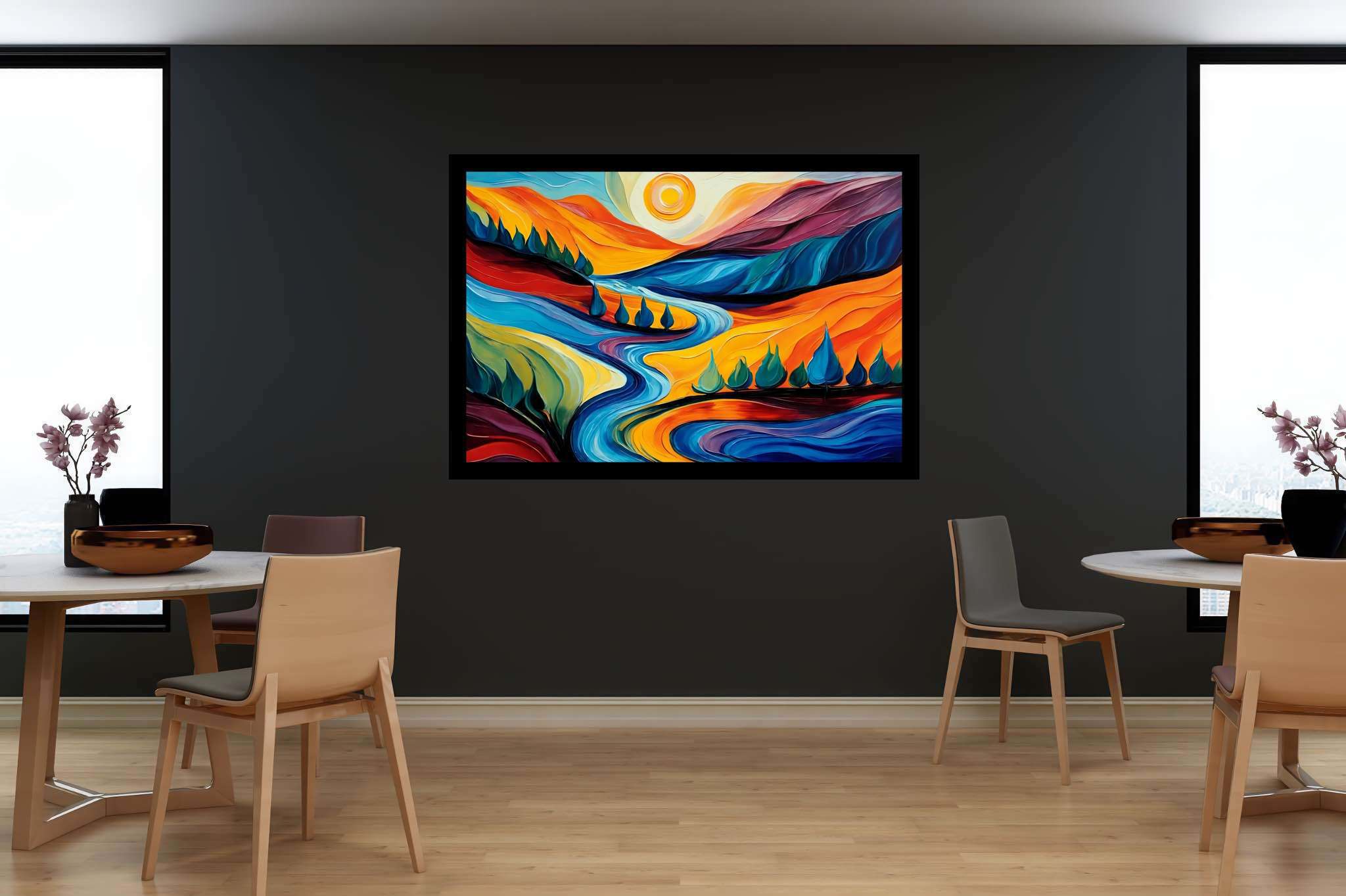 Azure valley hush: Serene landscape art with calming landscape paintings, in a room with urban design, canvas prints, and elegant home goods. The art can be printed on poster, framed poster, canvas, metal, acrylic or wood, exclusively at WallArtZen. Find this exact print at https://wallartzen.com/waz67